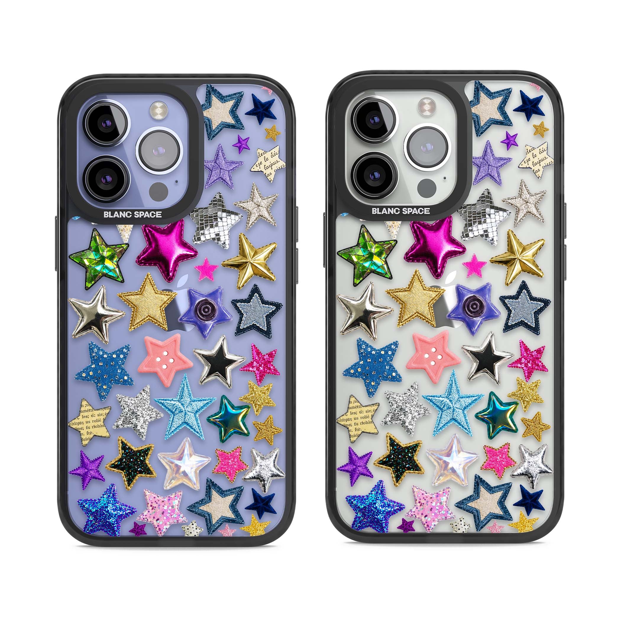 Crafty Star Mix Y2K iPhone case featuring embroidered, sequinned and glitter star patches in rainbow colours | Black Impact case for iPhone 13 Pro, iPhone 14 Pro, iPhone 15 Pro