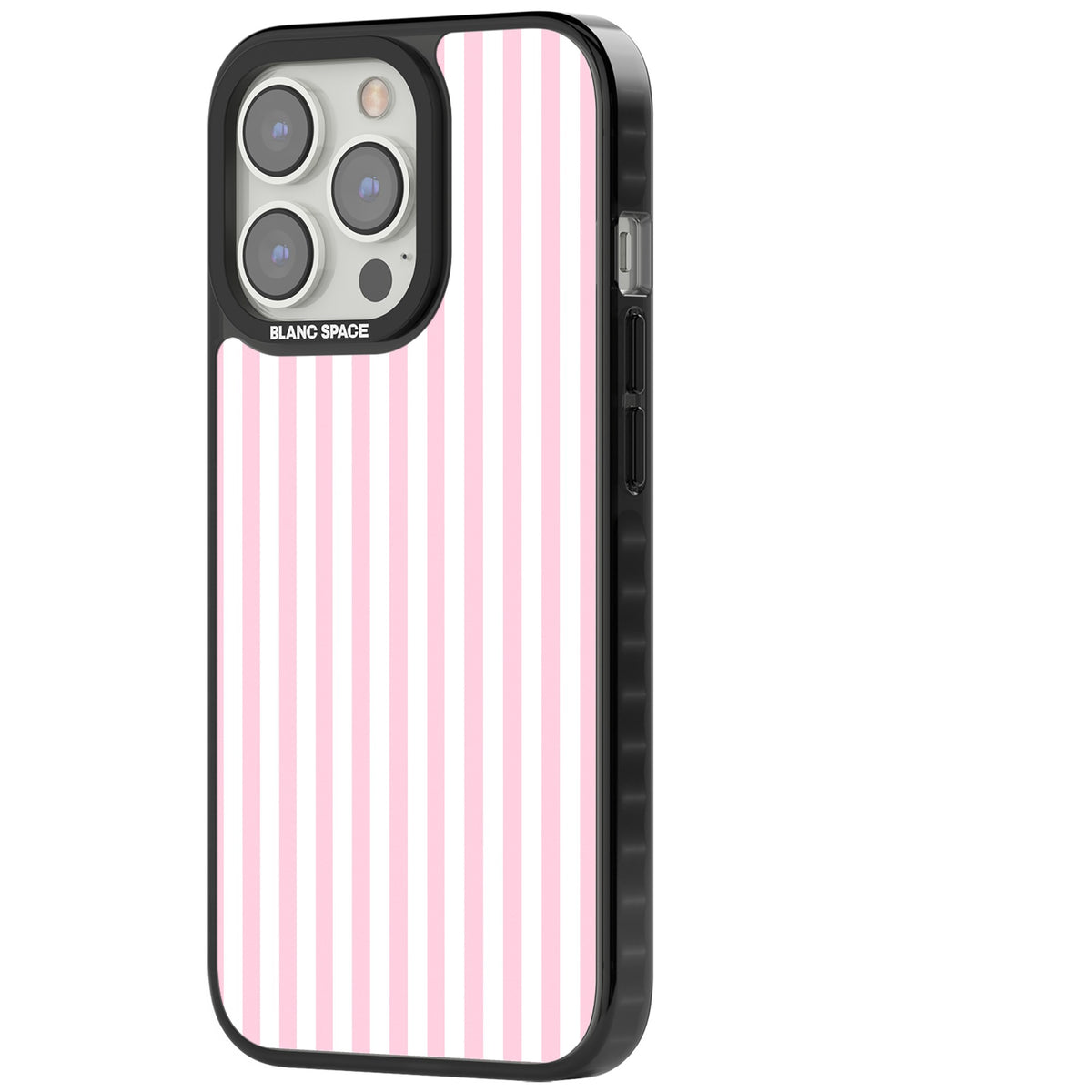 Pink Stripe preppy iPhone case featuring soft pastel pink and white vertical candy stripes iPhone 12 Pro Max / iPhone 13 Pro / iPhone 13 Pro Max / iPhone 14 Pro / iPhone 14 Pro Max / iPhone 15 Pro / iPhone 15 Pro Max Impact Black Phone Case side