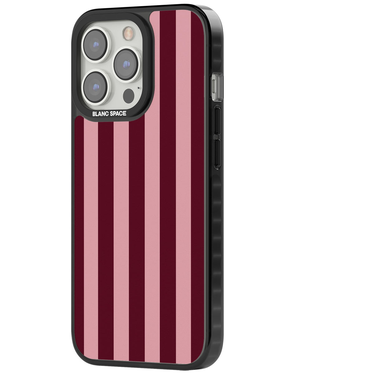 Bordeaux Belle preppy iPhone case featuring bold vertical stripes in burgundy and soft blush pink iPhone 12 Pro Max / iPhone 13 Pro / iPhone 13 Pro Max / iPhone 14 Pro / iPhone 14 Pro Max / iPhone 15 Pro / iPhone 15 Pro Max Impact Black Phone Case side