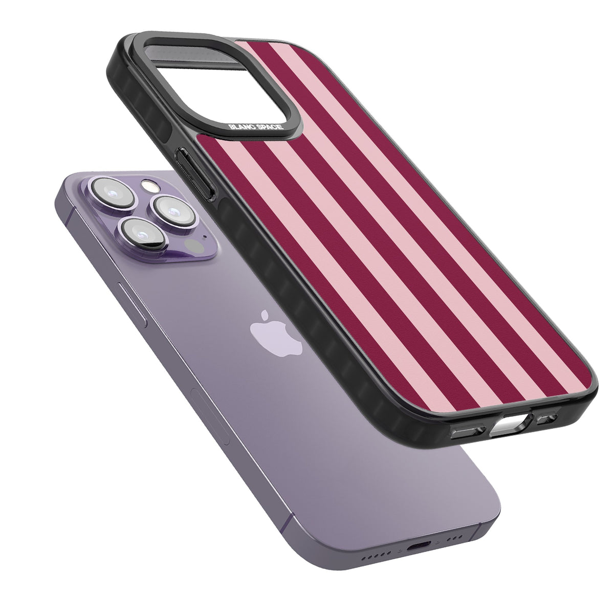 Bordeaux Belle preppy iPhone case featuring bold vertical stripes in burgundy and soft blush pink iPhone 12 Pro Max / iPhone 13 Pro / iPhone 13 Pro Max / iPhone 14 Pro / iPhone 14 Pro Max / iPhone 15 Pro / iPhone 15 Pro Max Impact Black Phone Case angled