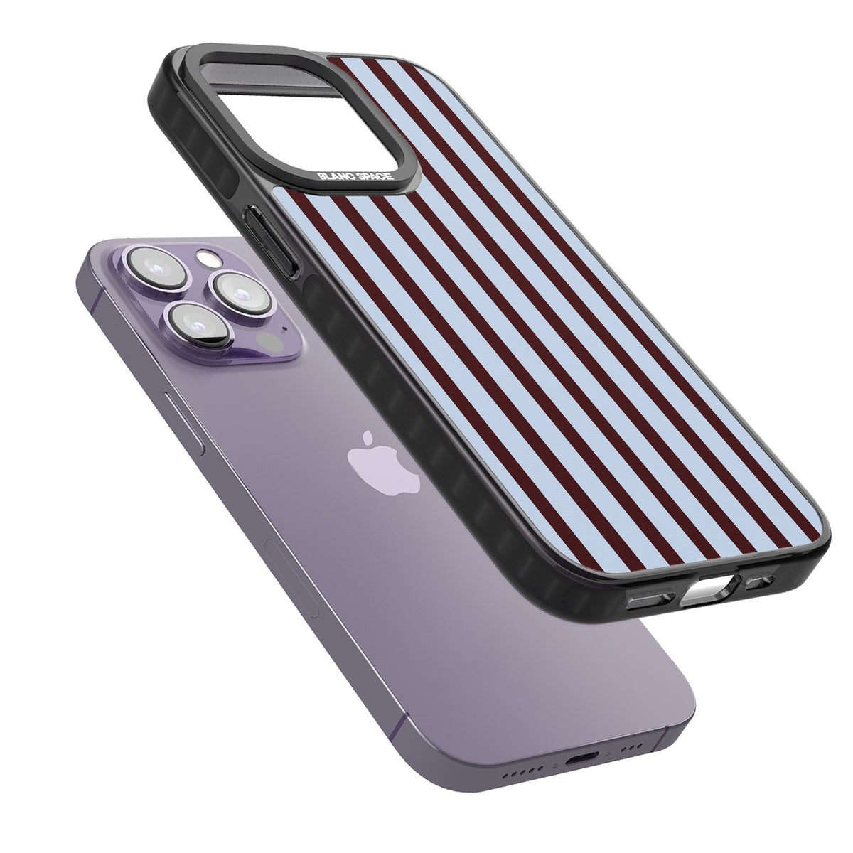 Blackcurrant Stripe preppy iPhone case featuring vertical burgundy and light blue stripes in a classic pinstripe layout iPhone 12 Pro Max / iPhone 13 Pro / iPhone 13 Pro Max / iPhone 14 Pro / iPhone 14 Pro Max / iPhone 15 Pro / iPhone 15 Pro Max Impact Black Phone Case angled