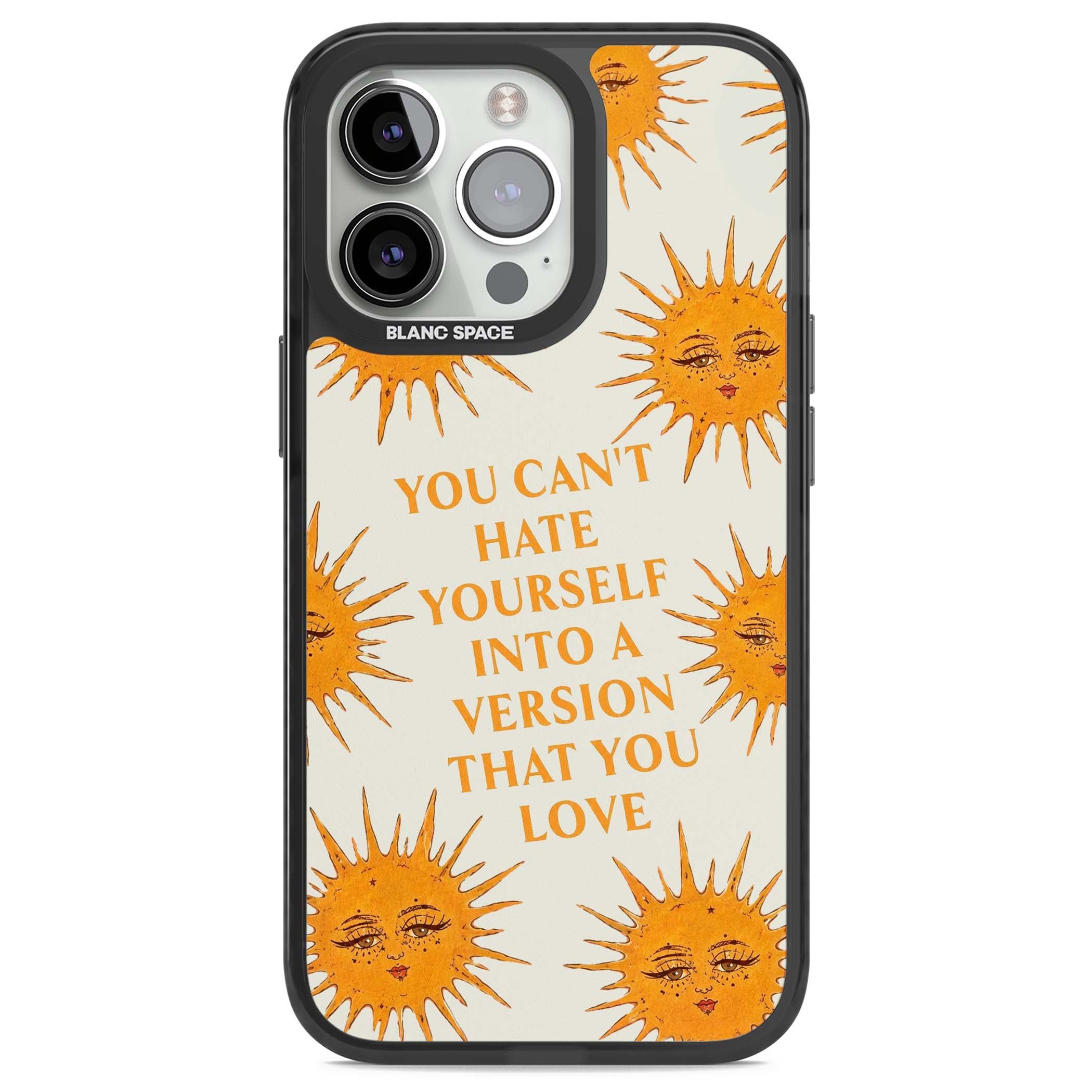 Don't Hate Yourself celestial iPhone case featuring vintage sun faces, ochre rays and a self-love quote | Black Impact case for iPhone 13 Pro, iPhone 14 Pro, iPhone 15 Pro
