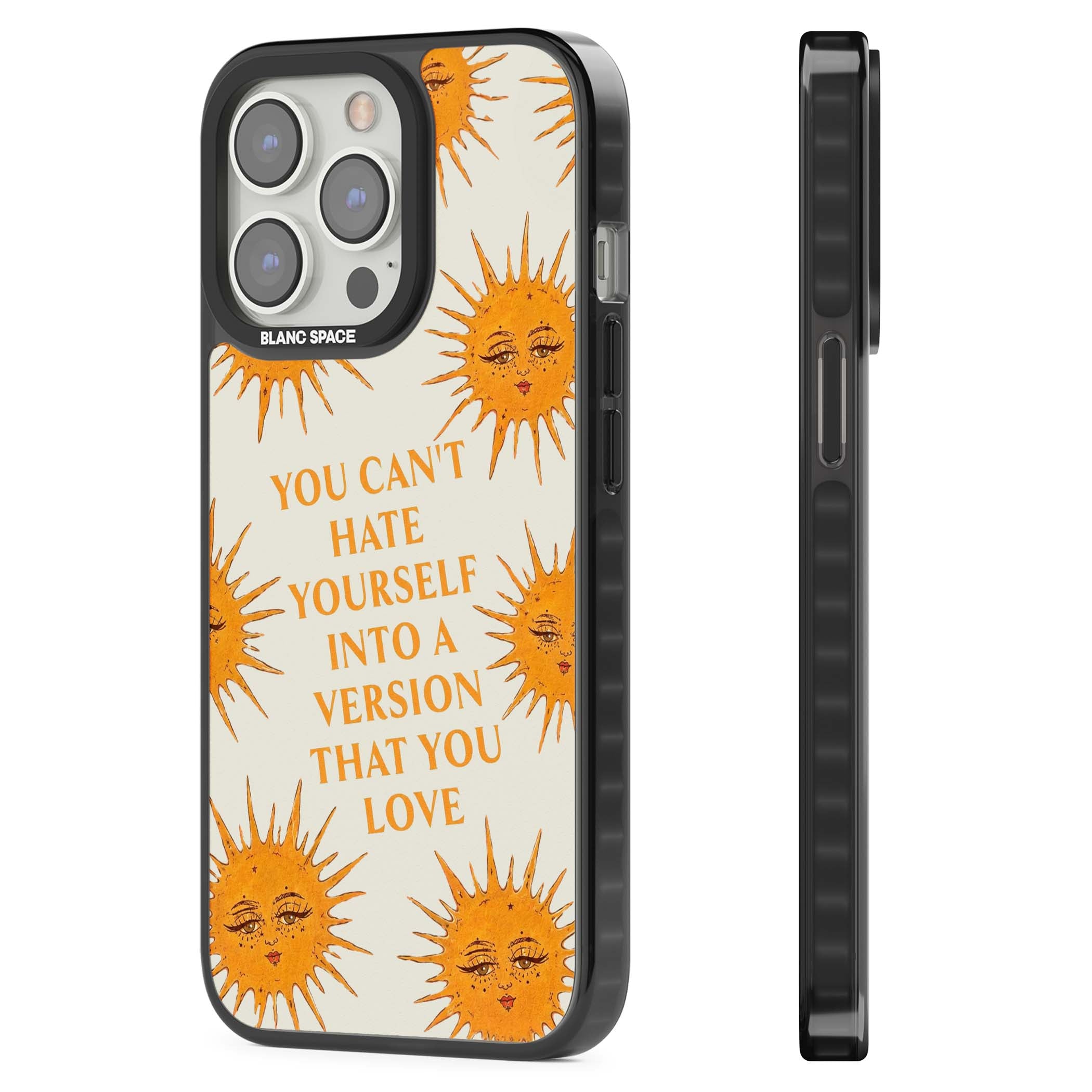 Don't Hate Yourself celestial iPhone case featuring vintage sun faces, ochre rays and a self-love quote | Black Impact case for iPhone 13 Pro, iPhone 14 Pro, iPhone 15 Pro