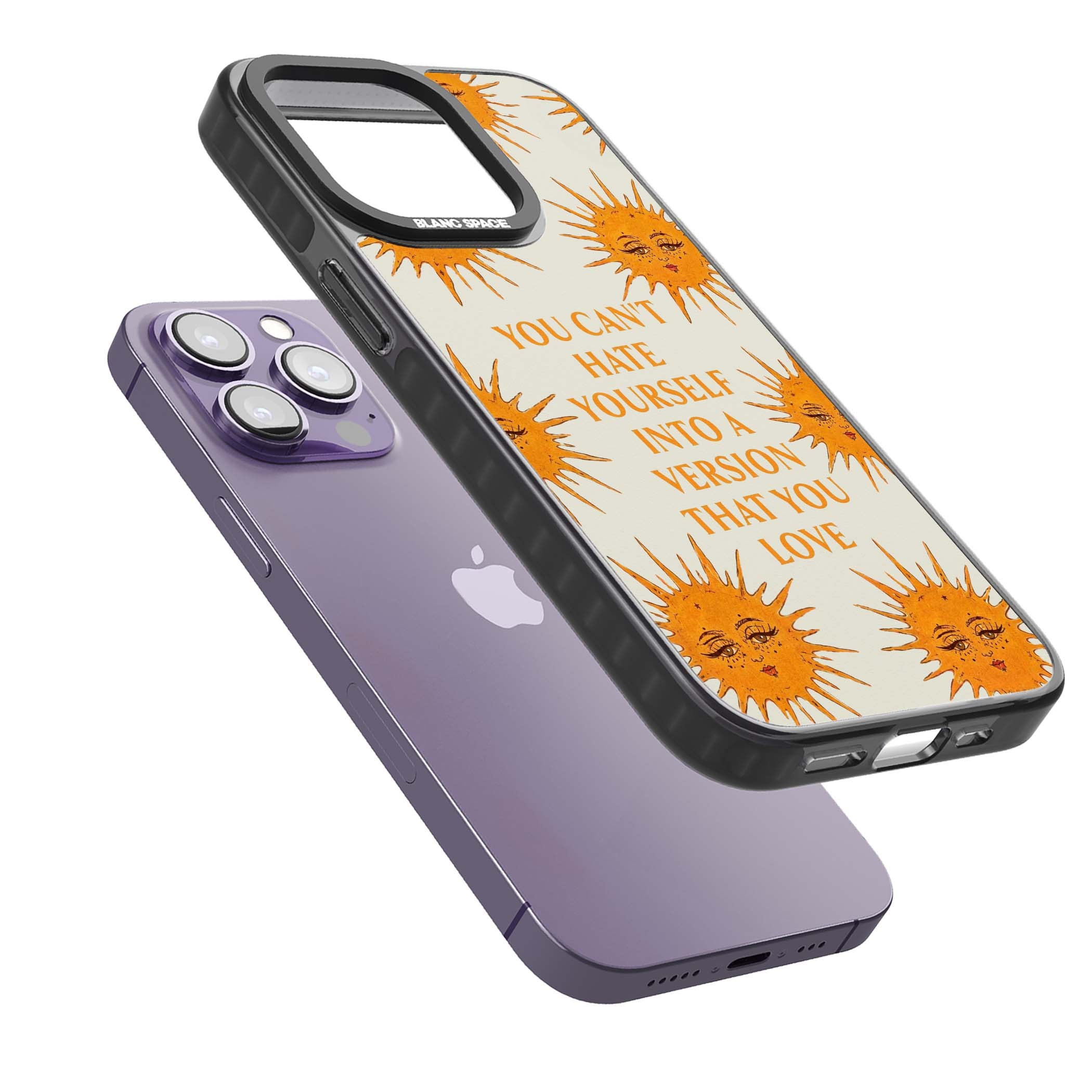 Don't Hate Yourself celestial iPhone case featuring vintage sun faces, ochre rays and a self-love quote | Black Impact case for iPhone 13 Pro, iPhone 14 Pro, iPhone 15 Pro