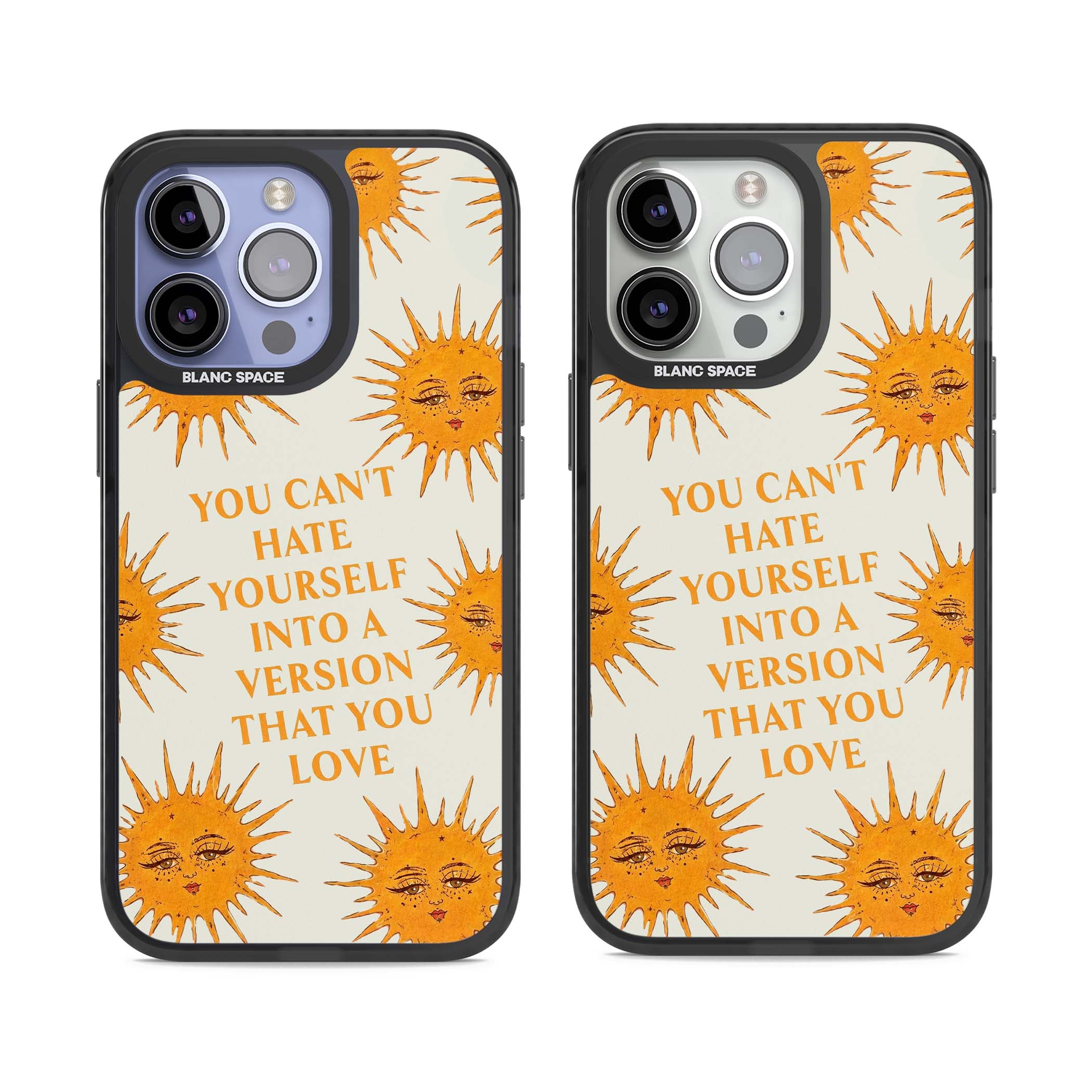 Don't Hate Yourself celestial iPhone case featuring vintage sun faces, ochre rays and a self-love quote | Black Impact case for iPhone 13 Pro, iPhone 14 Pro, iPhone 15 Pro