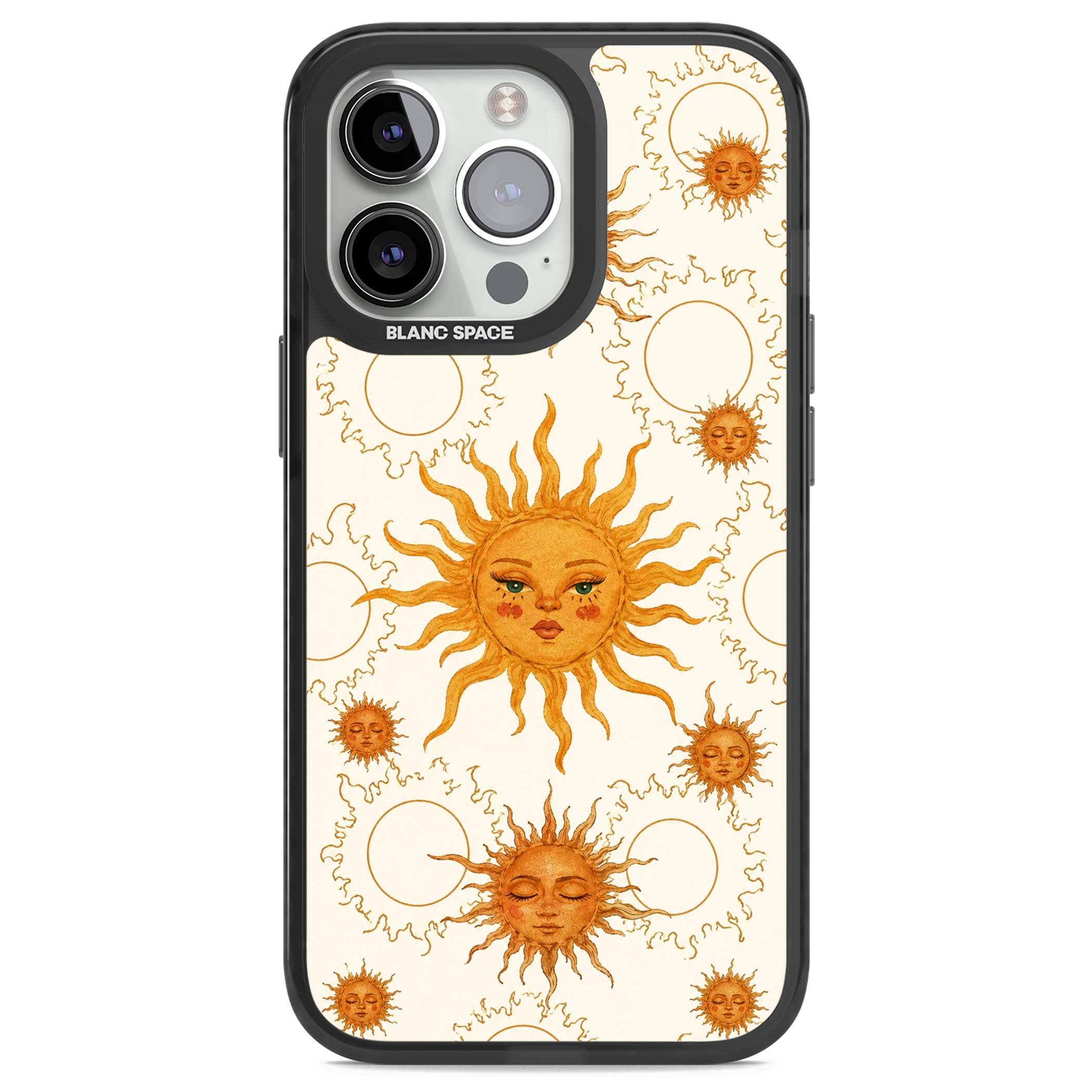 Solstice Muse celestial iPhone case featuring hand-painted golden sun faces, closed-eye sun goddesses and outlined moons... | Black Impact case for iPhone 13 Pro, iPhone 14 Pro, iPhone 15 Pro