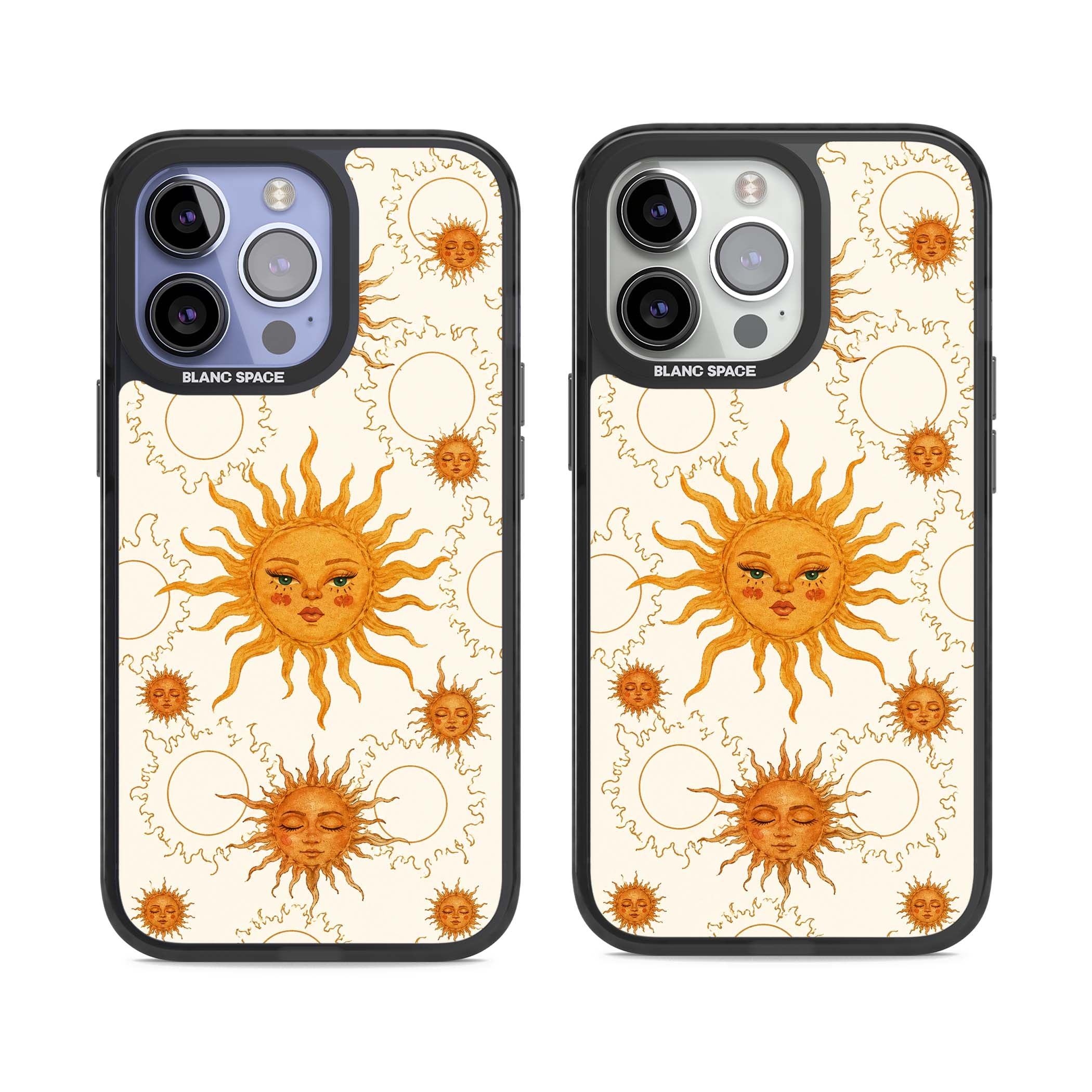 Solstice Muse celestial iPhone case featuring hand-painted golden sun faces, closed-eye sun goddesses and outlined moons... | Black Impact case for iPhone 13 Pro, iPhone 14 Pro, iPhone 15 Pro