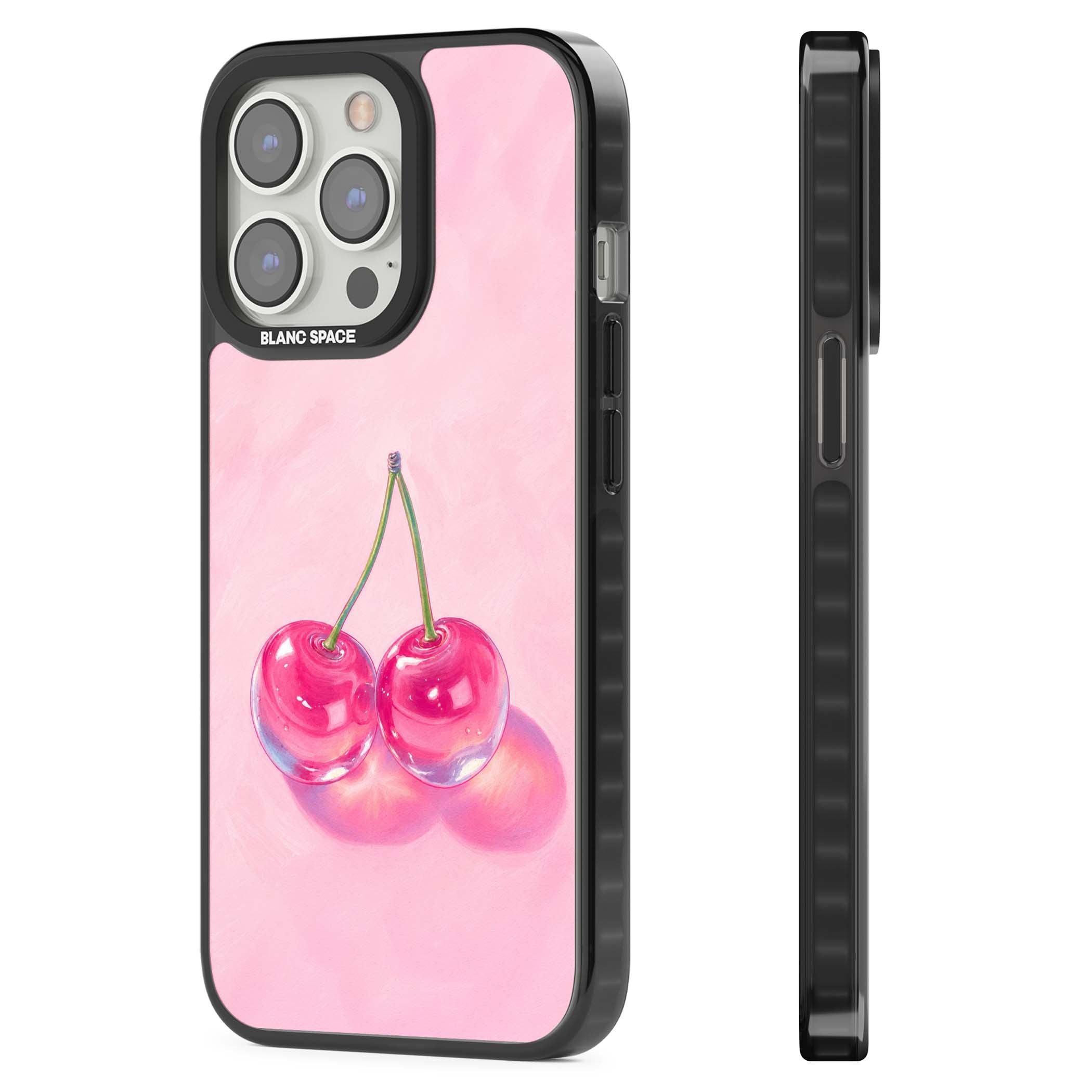 Pink Glass Cherry coquette iPhone case featuring two glossy painted cherries on a soft pink background | Black Impact case for iPhone 13 Pro, iPhone 14 Pro, iPhone 15 Pro