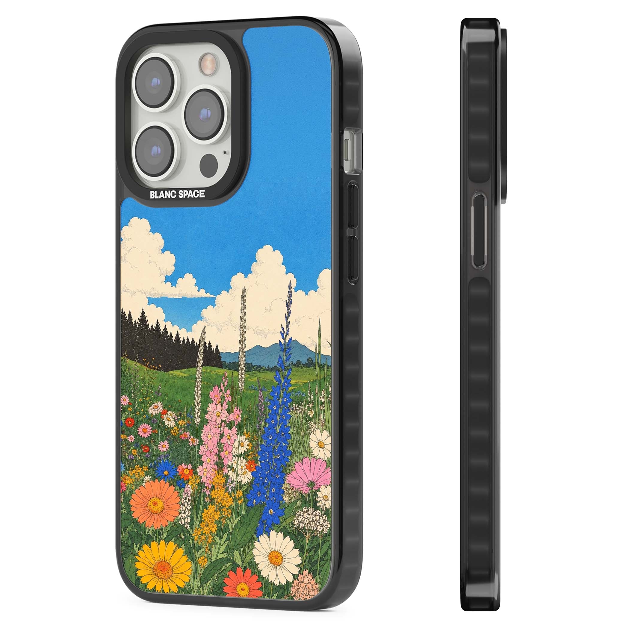 Wildbloom wildflower iPhone case featuring a vintage Japanese-style meadow landscape with daisies, delphiniums and moun | Black Impact case for iPhone 13 Pro, iPhone 14 Pro, iPhone 15 Pro