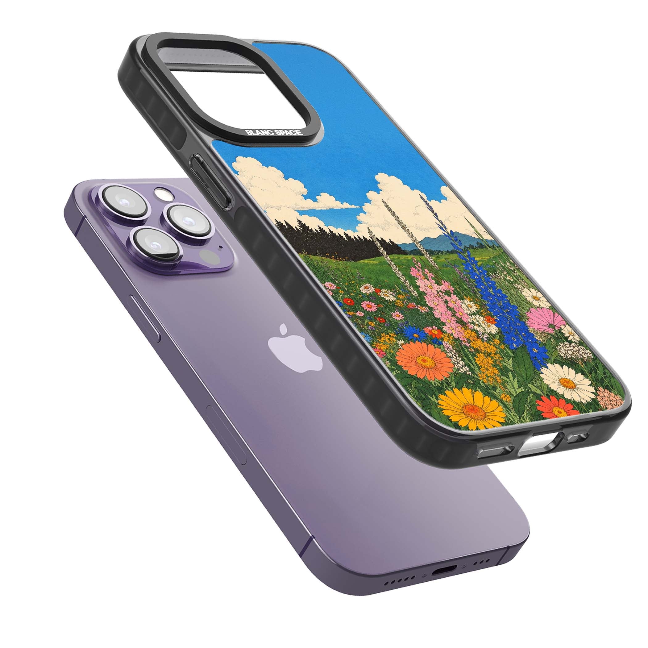 Wildbloom wildflower iPhone case featuring a vintage Japanese-style meadow landscape with daisies, delphiniums and moun | Black Impact case for iPhone 13 Pro, iPhone 14 Pro, iPhone 15 Pro