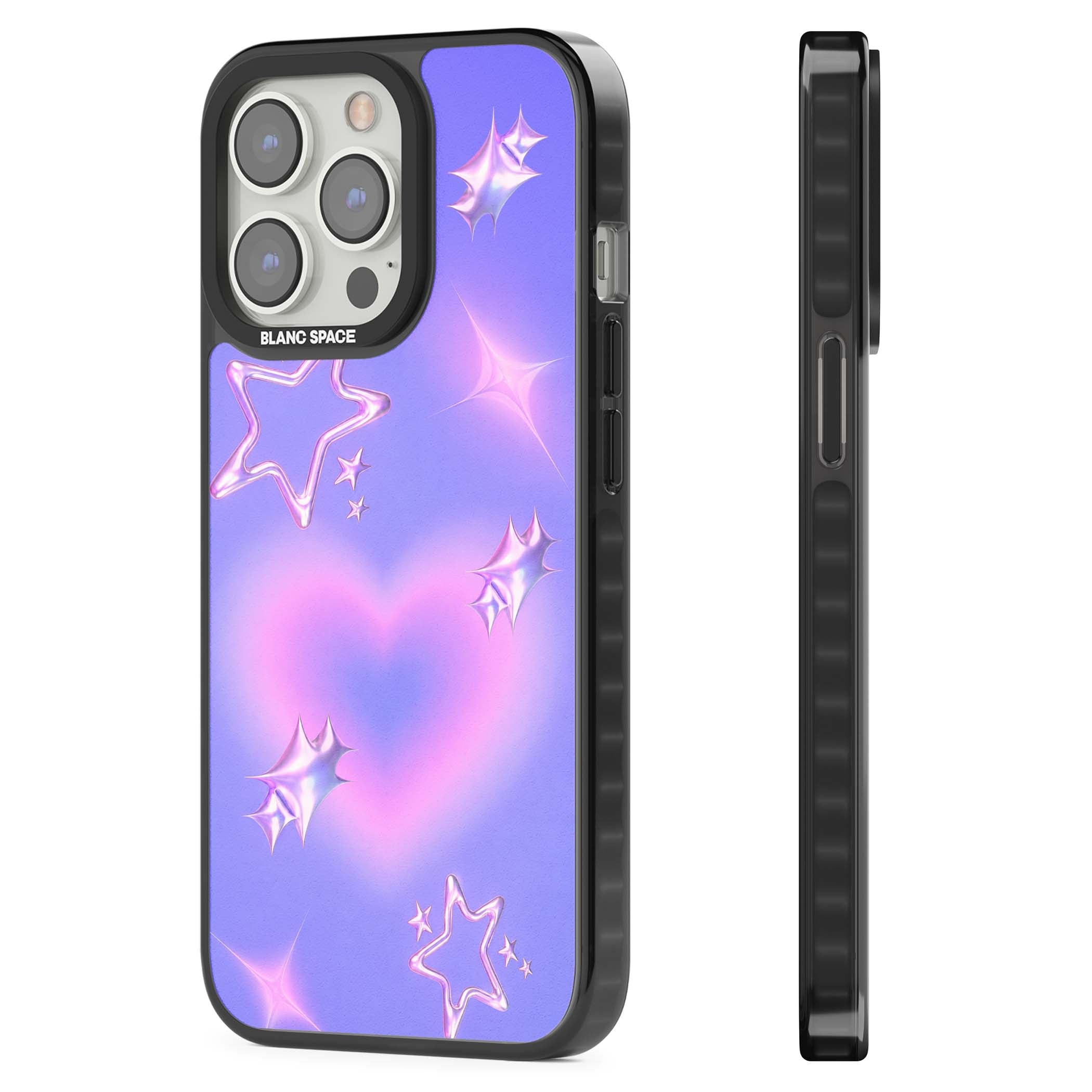 Soft Sugar Y2K iPhone case featuring iridescent chrome hearts, metallic pink stars and a lavender gradient sky | Black Impact case for iPhone 13 Pro, iPhone 14 Pro, iPhone 15 Pro