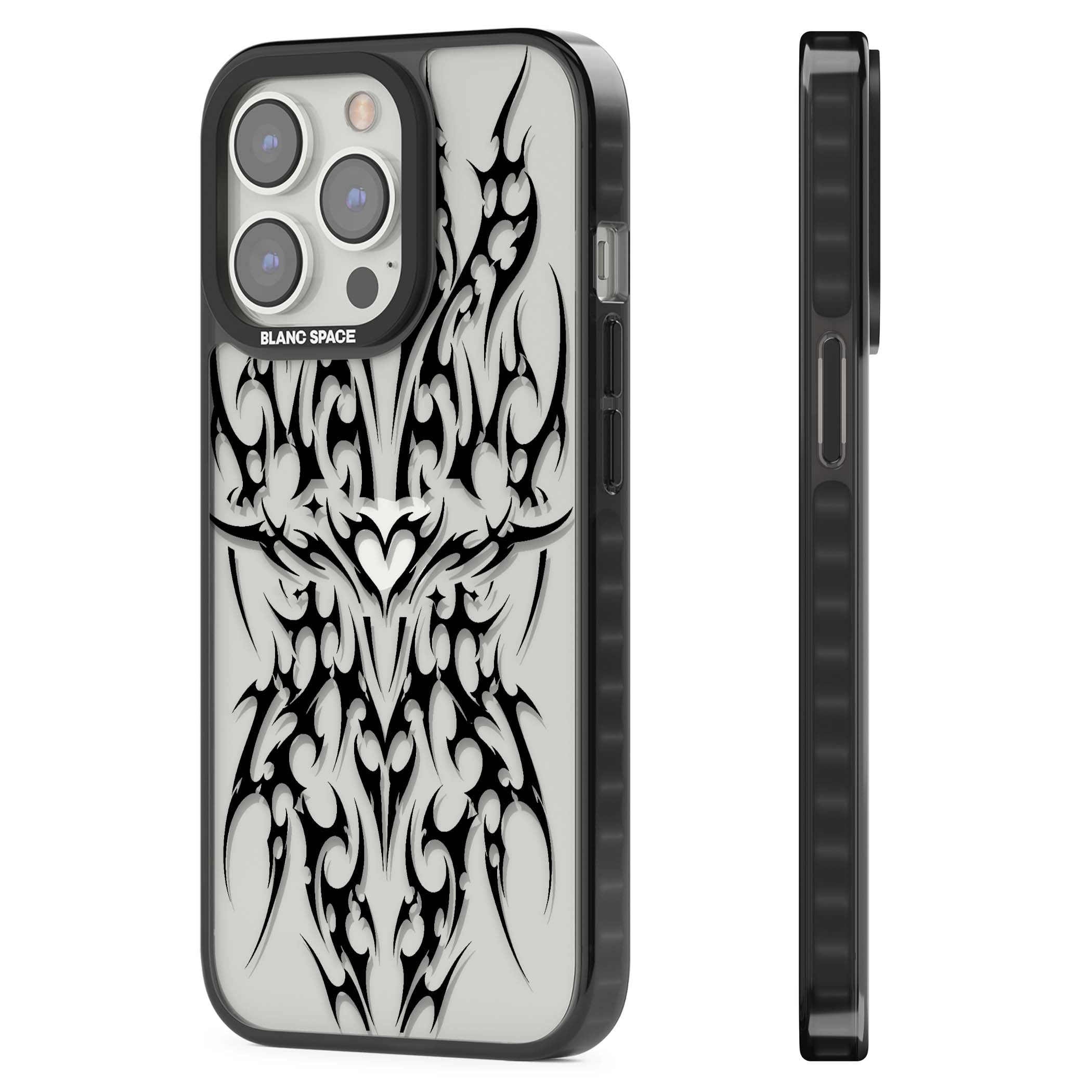 Neo Tribal Heart gothic iPhone case featuring symmetrical black tribal tattoo art with sharp thorn-like linework | Black Impact case for iPhone 13 Pro, iPhone 14 Pro, iPhone 15 Pro