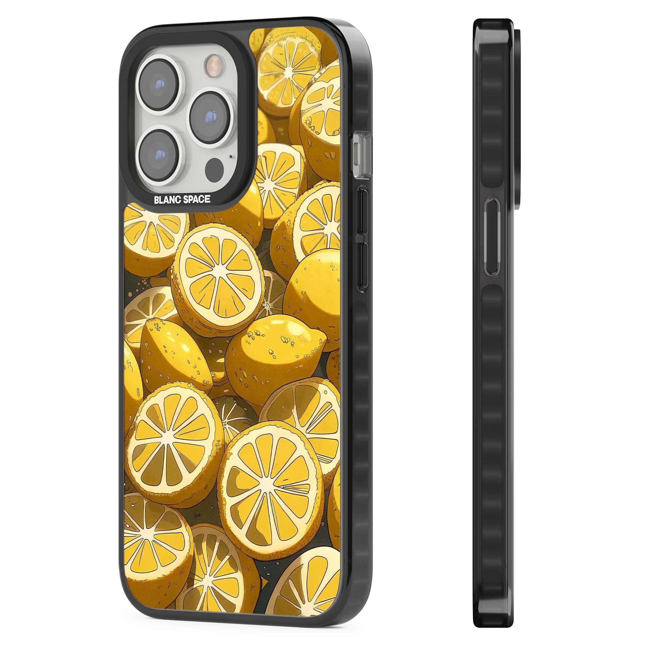 Zesty coastal iPhone case featuring illustrated Mediterranean lemons and citrus slices in golden yellow | Black Impact case for iPhone 13 Pro, iPhone 14 Pro, iPhone 15 Pro