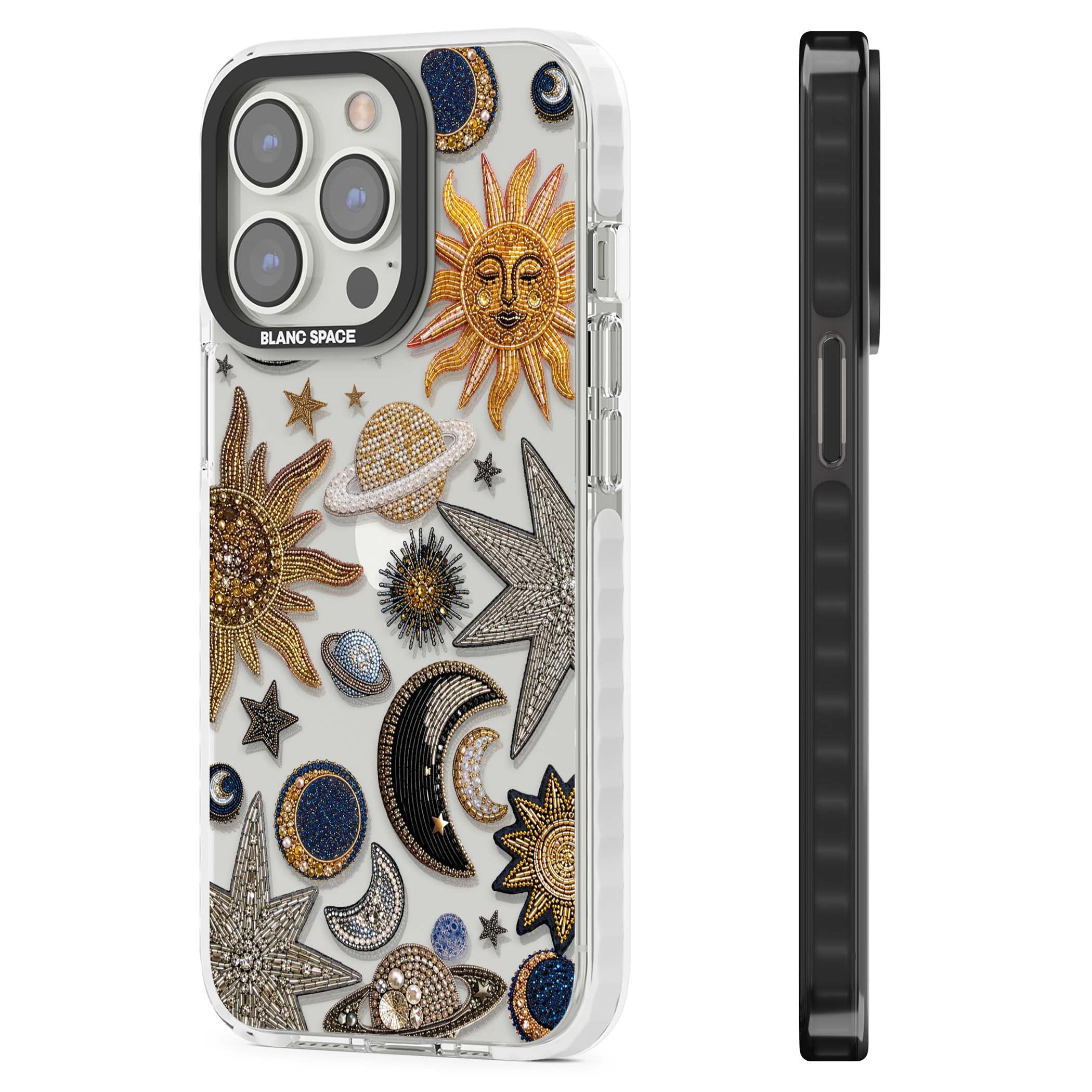Beaded Cosmos celestial iPhone case featuring embroidered golden suns, beaded planets and silver shooting stars | Clear Impact case for iPhone 13 Pro, iPhone 14 Pro, iPhone 15 Pro