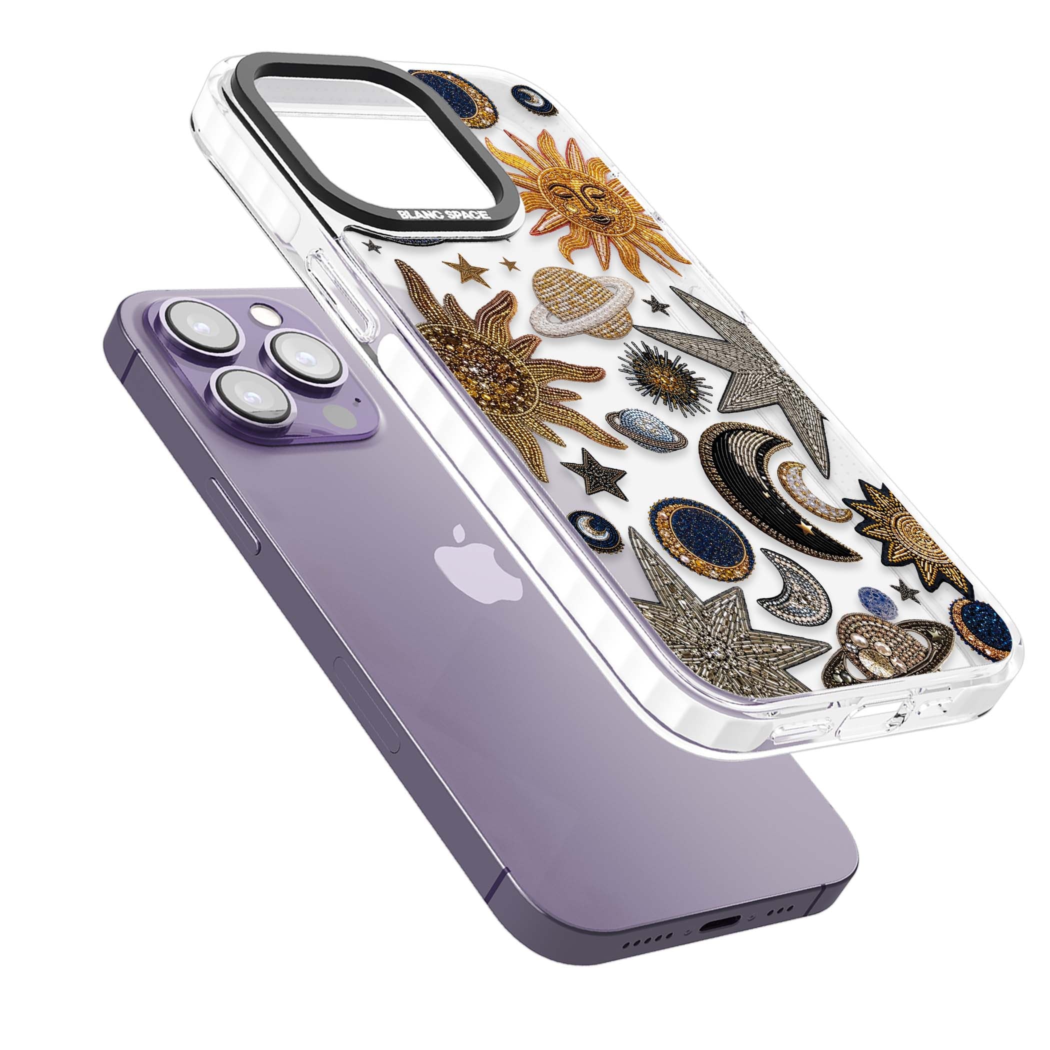Beaded Cosmos celestial iPhone case featuring embroidered golden suns, beaded planets and silver shooting stars | Clear Impact case for iPhone 13 Pro, iPhone 14 Pro, iPhone 15 Pro