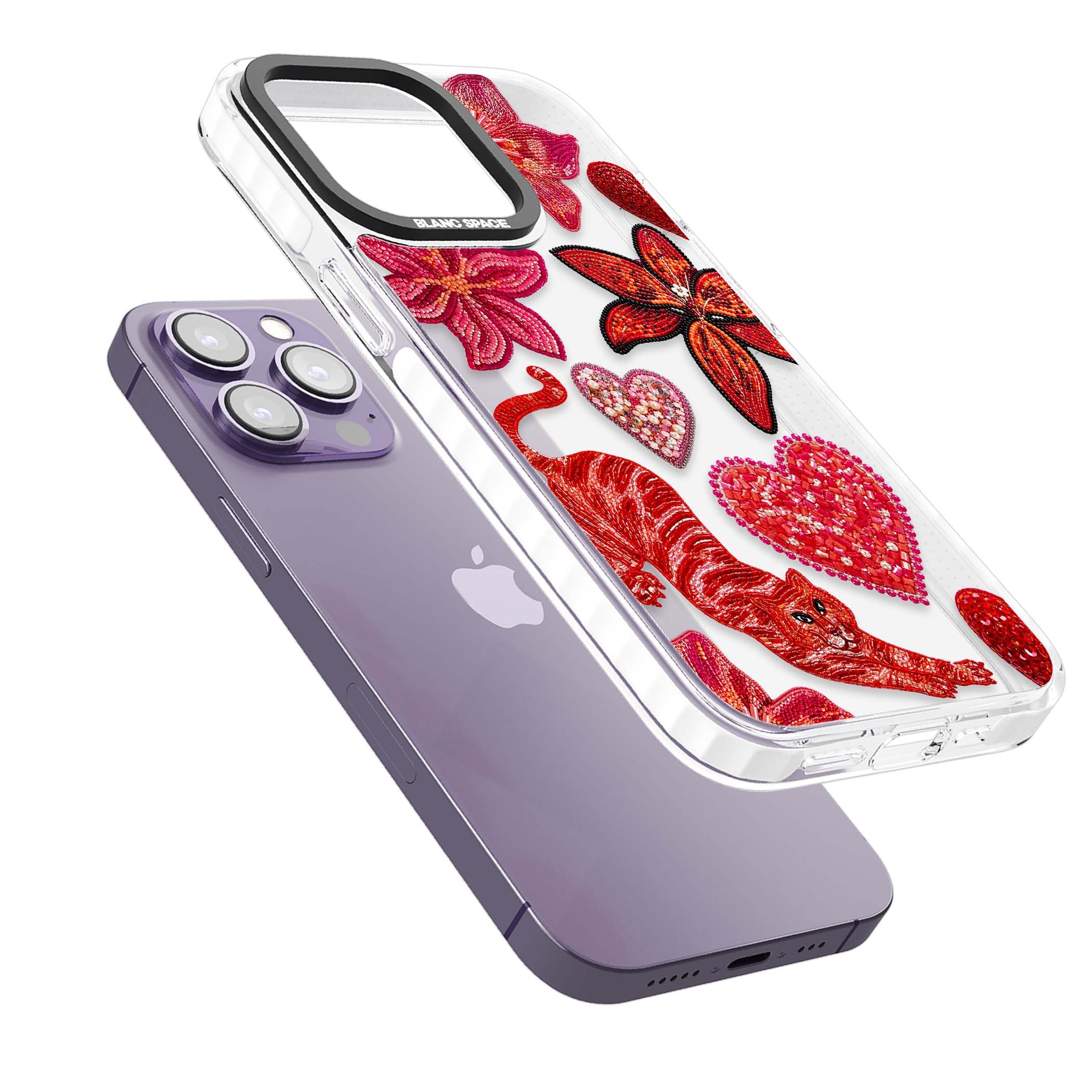 Beaded Boho floral iPhone case featuring beaded red lilies, a stitched tiger, and pearl-encrusted hearts on clear | Clear Impact case for iPhone 13 Pro, iPhone 14 Pro, iPhone 15 Pro