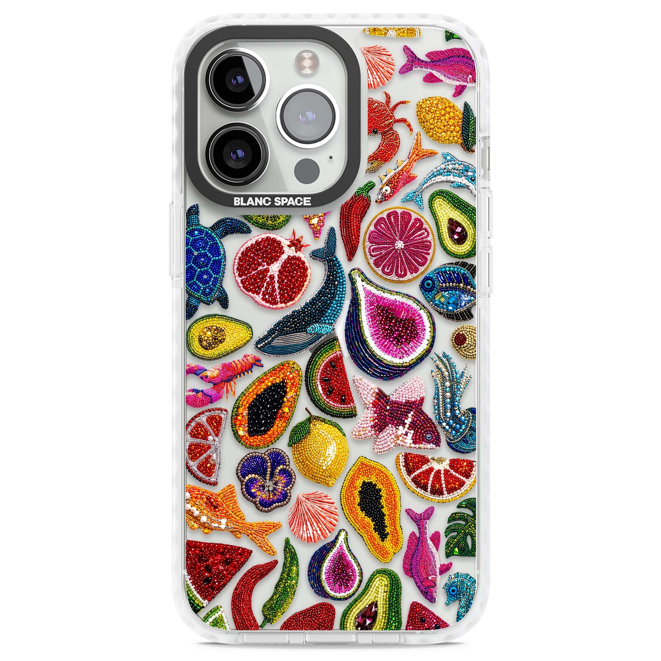 Beaded Tropic tropical iPhone case featuring beaded fruit, fish, crabs and seashells in vibrant colour | Clear Impact case for iPhone 13 Pro, iPhone 14 Pro, iPhone 15 Pro