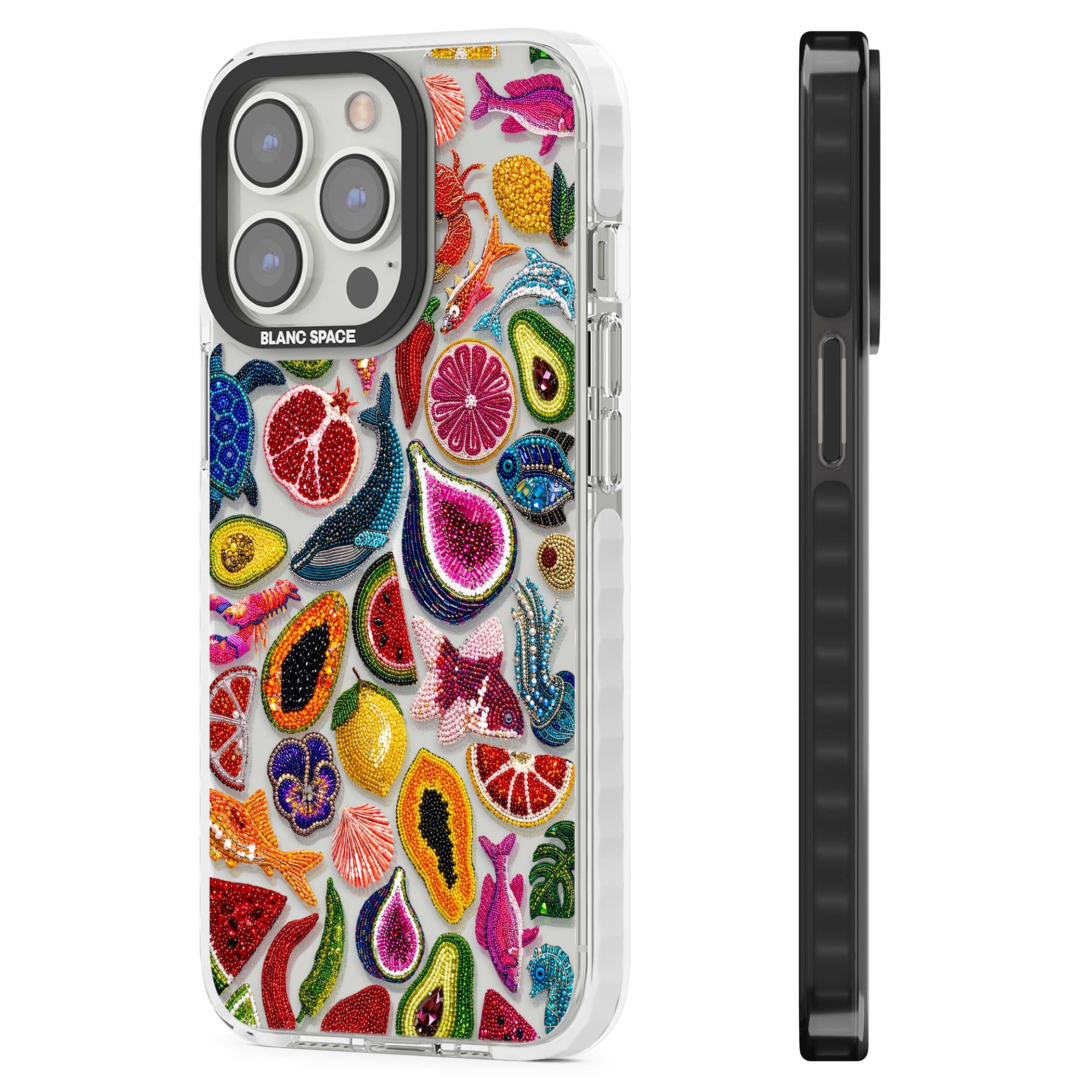Beaded Tropic tropical iPhone case featuring beaded fruit, fish, crabs and seashells in vibrant colour | Clear Impact case for iPhone 13 Pro, iPhone 14 Pro, iPhone 15 Pro