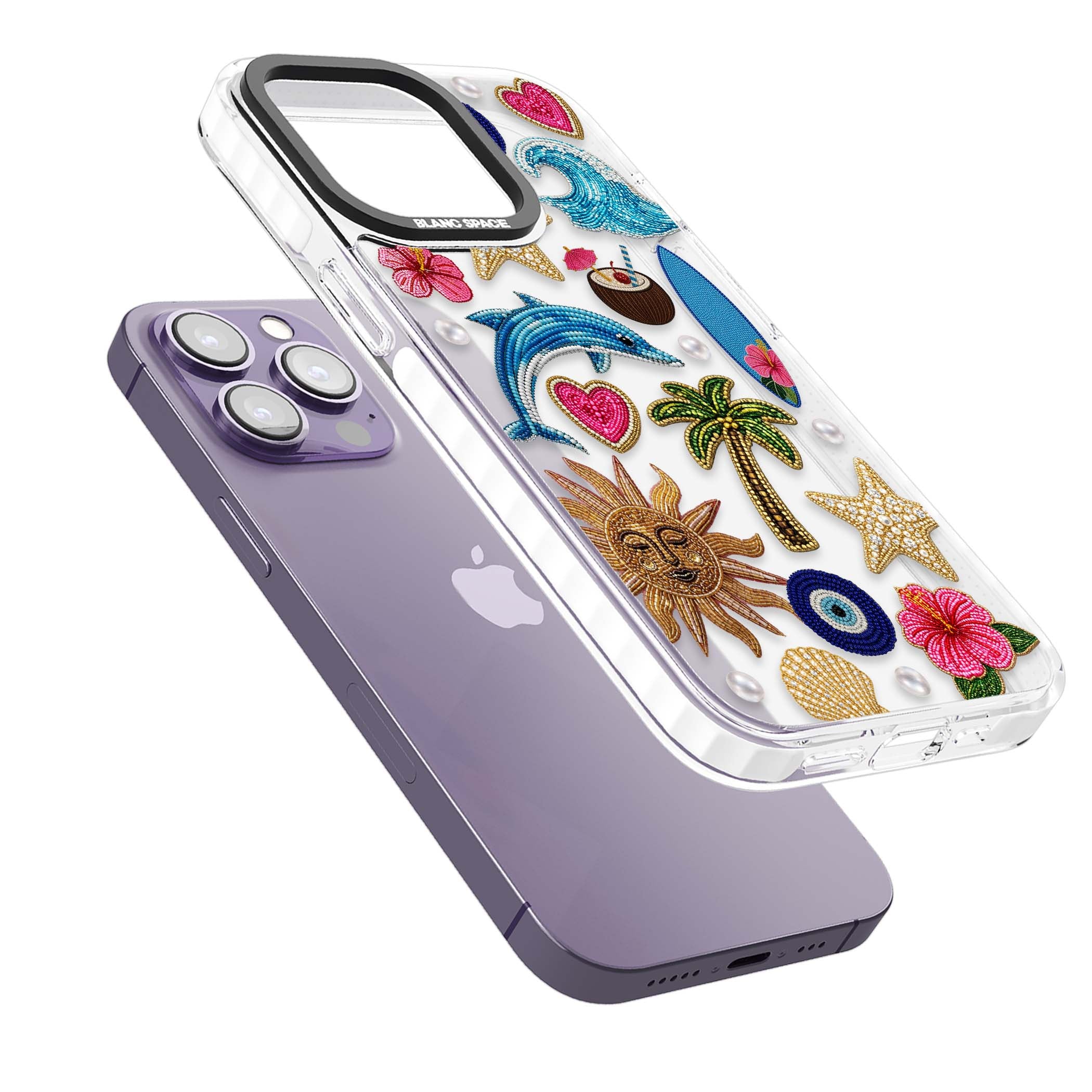 Beaded Beach coastal summer iPhone case featuring embroidered evil eye, hibiscus flowers, dolphin and palm tree patches | Clear Impact case for iPhone 13 Pro, iPhone 14 Pro, iPhone 15 Pro
