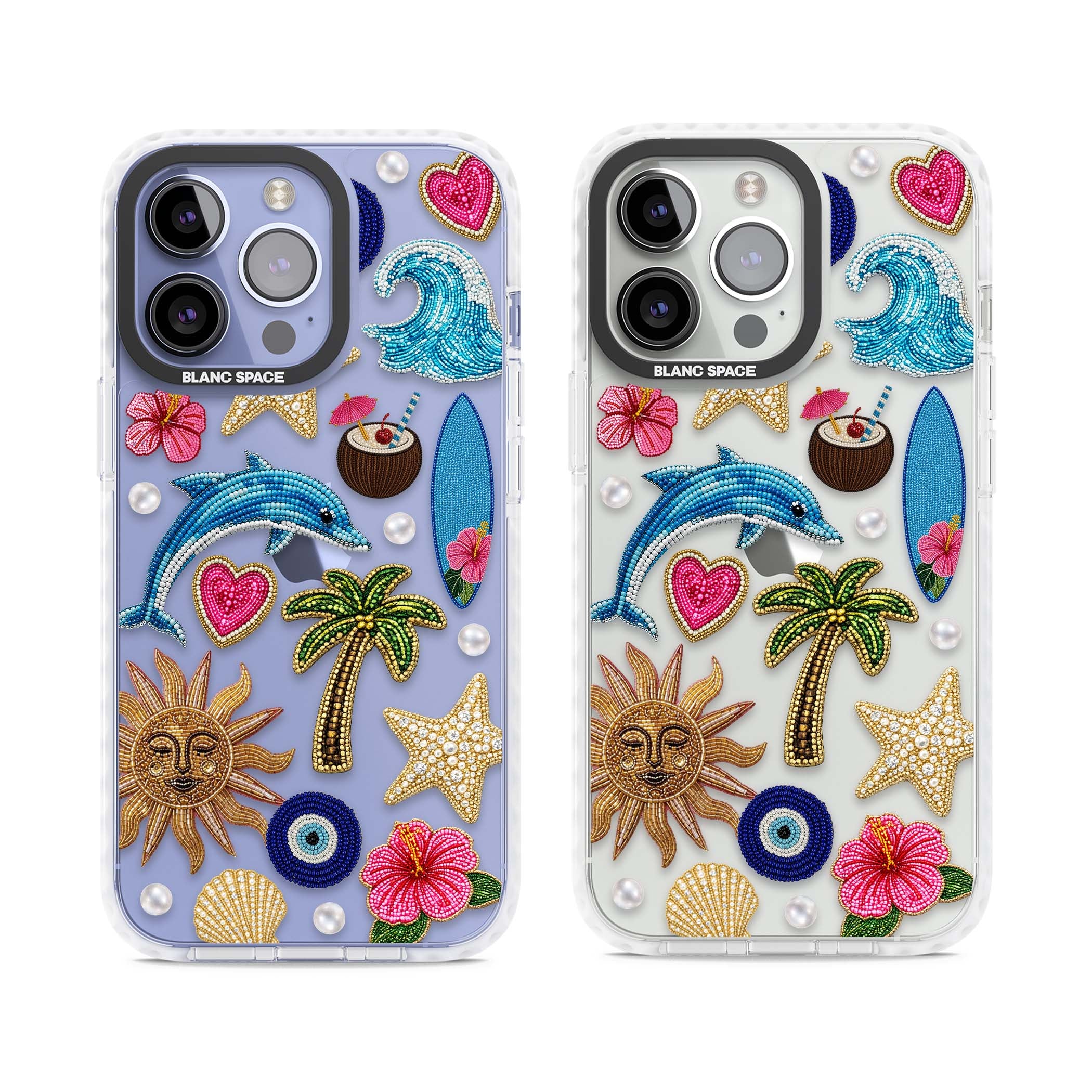 Beaded Beach coastal summer iPhone case featuring embroidered evil eye, hibiscus flowers, dolphin and palm tree patches | Clear Impact case for iPhone 13 Pro, iPhone 14 Pro, iPhone 15 Pro