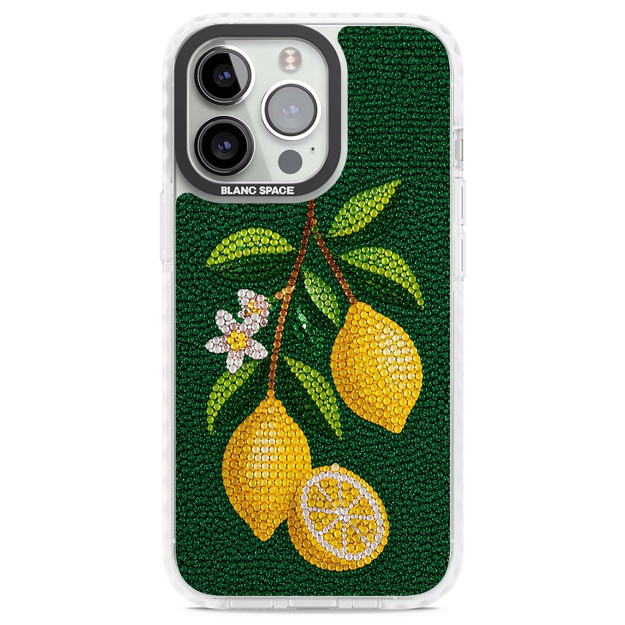Beaded Lemons coastal iPhone case featuring crystal-beaded lemons, citrus blossom and green leaves on emerald ground | Clear Impact case for iPhone 13 Pro, iPhone 14 Pro, iPhone 15 Pro