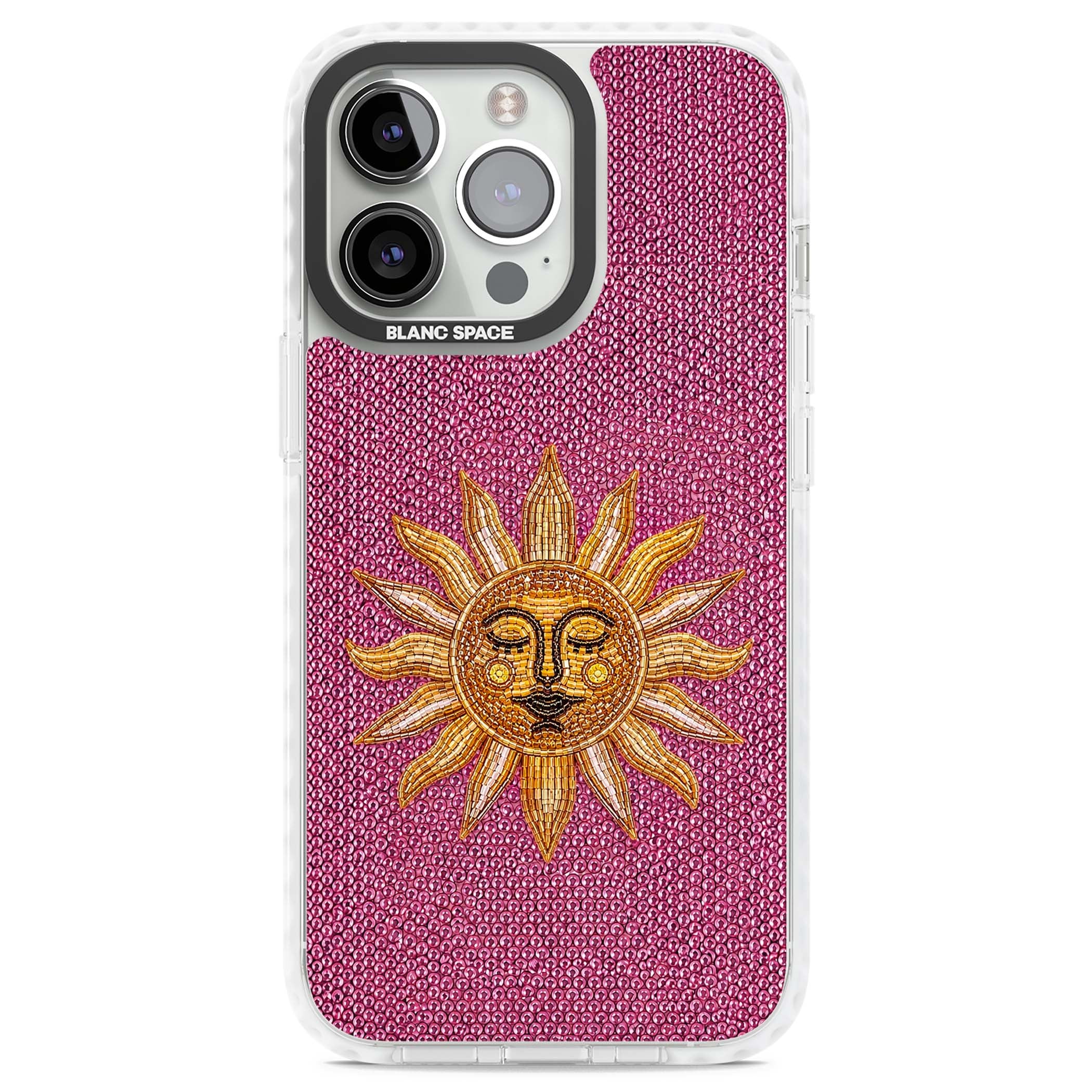Beaded Sun celestial iPhone case featuring a golden beaded sun face with radiant rays on hot pink beaded background | Clear Impact case for iPhone 13 Pro, iPhone 14 Pro, iPhone 15 Pro