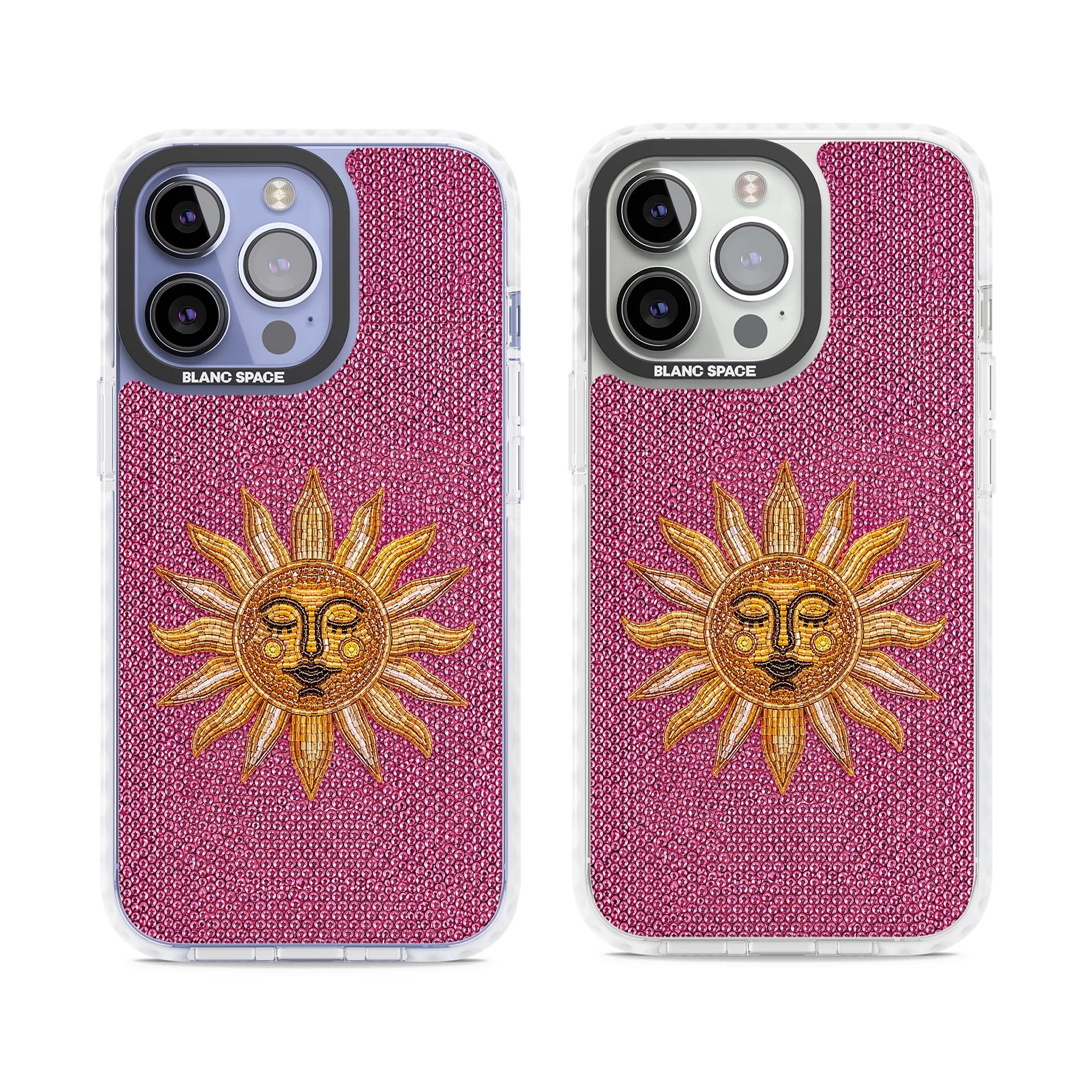 Beaded Sun celestial iPhone case featuring a golden beaded sun face with radiant rays on hot pink beaded background | Clear Impact case for iPhone 13 Pro, iPhone 14 Pro, iPhone 15 Pro