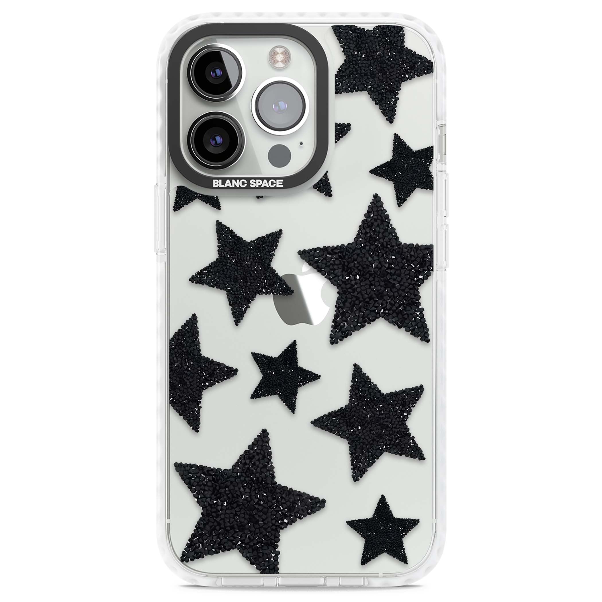 Beaded Black Stars celestial iPhone case featuring black glitter beaded stars scattered on a clear background | Clear Impact case for iPhone 13 Pro, iPhone 14 Pro, iPhone 15 Pro