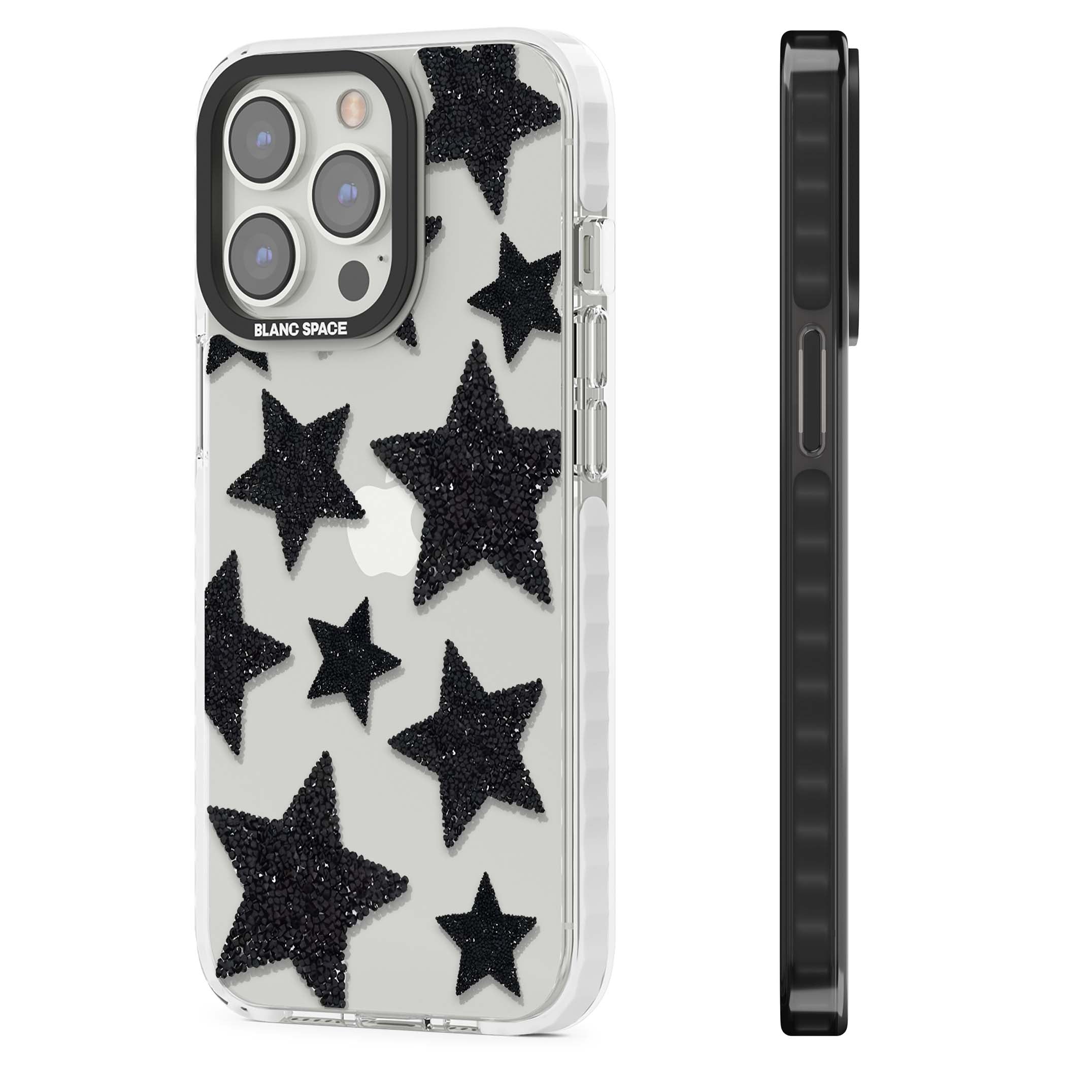 Beaded Black Stars celestial iPhone case featuring black glitter beaded stars scattered on a clear background | Clear Impact case for iPhone 13 Pro, iPhone 14 Pro, iPhone 15 Pro