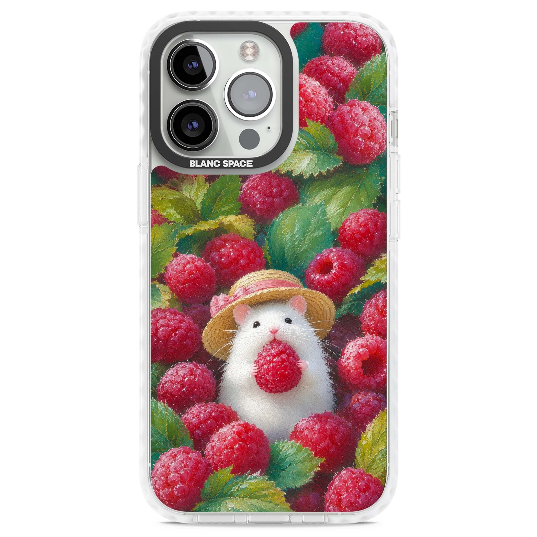 Berry Forager cottagecore iPhone case featuring a white hamster in a straw hat holding a raspberry surrounded by ripe ber | Clear Impact case for iPhone 13 Pro, iPhone 14 Pro, iPhone 15 Pro