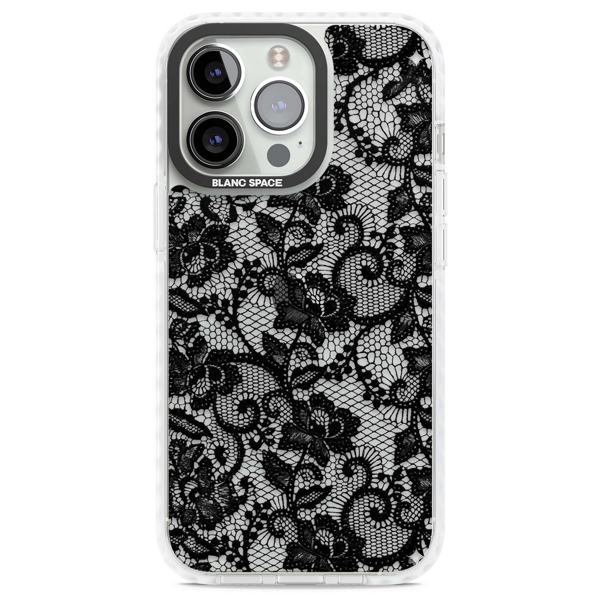 Black Lace gothic iPhone case featuring intricate black floral lace pattern with vintage whimsigoth detail | Clear Impact case for iPhone 13 Pro, iPhone 14 Pro, iPhone 15 Pro