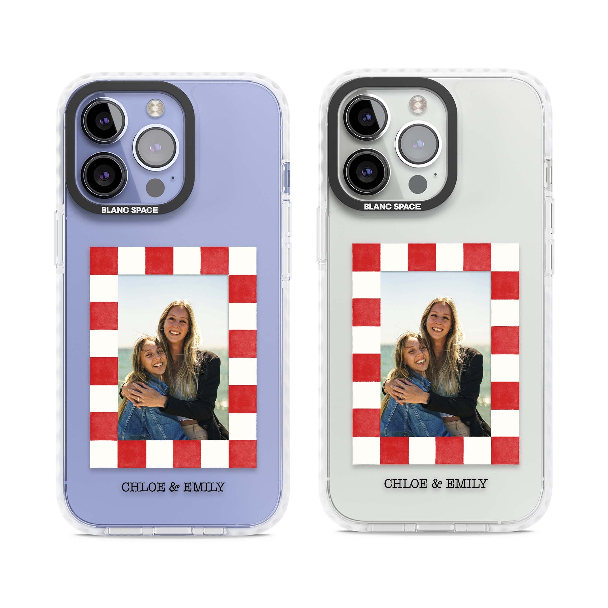 Red Check Photo personalised photo iPhone case with red and white checkered polaroid frame and custom couple name | Clear Impact case for iPhone 13 Pro, iPhone 14 Pro, iPhone 15 Pro