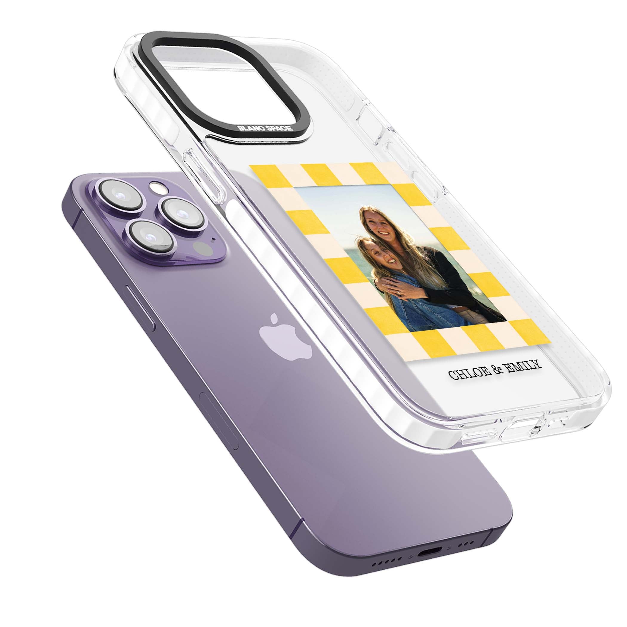 Yellow Check Photo personalised iPhone case with yellow checkered Polaroid frame and custom names beneath | Clear Impact case for iPhone 13 Pro, iPhone 14 Pro, iPhone 15 Pro