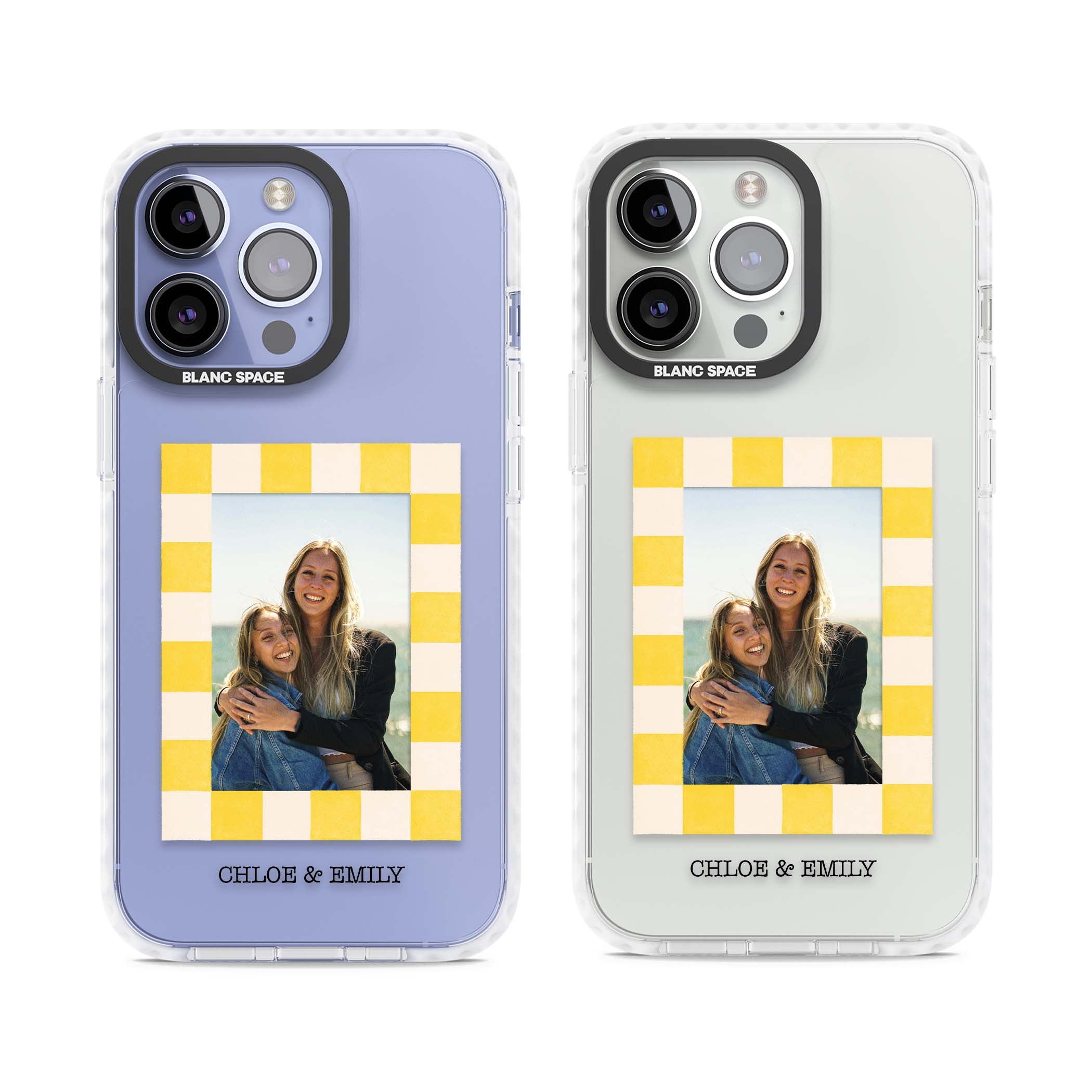 Yellow Check Photo personalised iPhone case with yellow checkered Polaroid frame and custom names beneath | Clear Impact case for iPhone 13 Pro, iPhone 14 Pro, iPhone 15 Pro