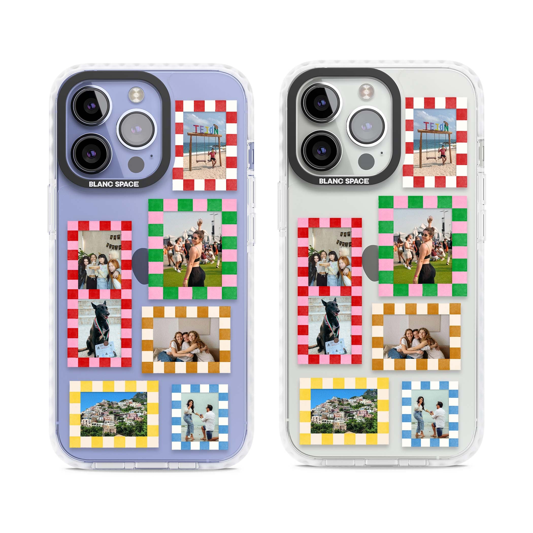 Italian Check Frames custom photo collage iPhone case featuring six checkered photo frames in red, green, pink and  | Clear Impact case for iPhone 13 Pro, iPhone 14 Pro, iPhone 15 Pro