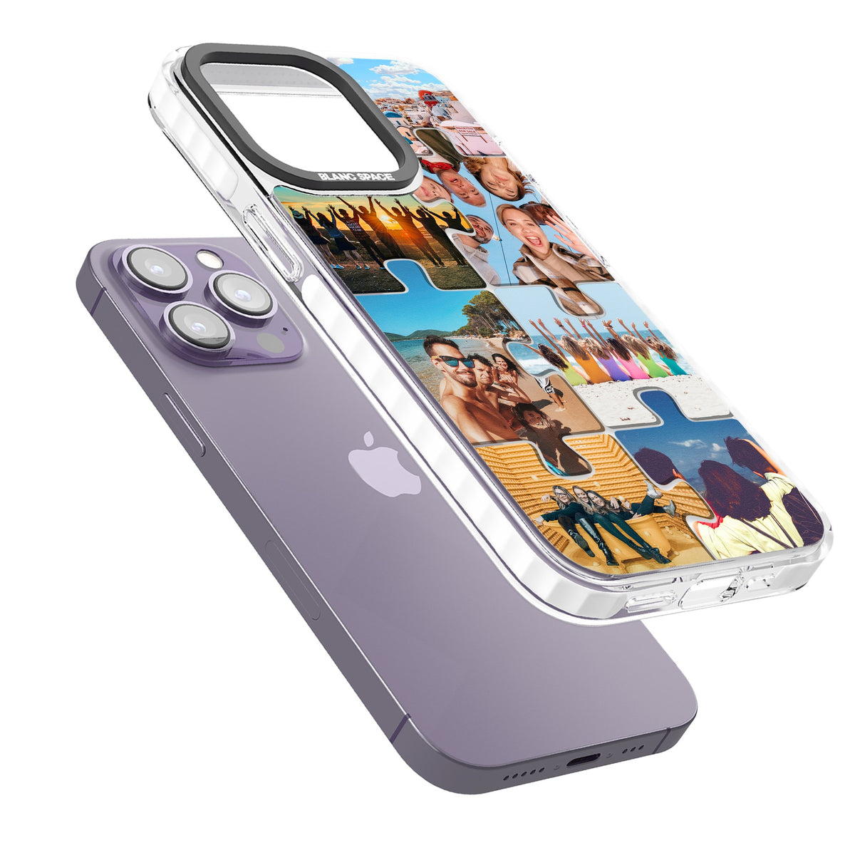 Personalised Jigsaw Photo Grid iPhone 13 Pro / iPhone 13 Pro Max / iPhone 14 Pro / iPhone 14 Pro Max / iPhone 15 Pro / iPhone 15 Pro Max Impact Clear Phone Case angled