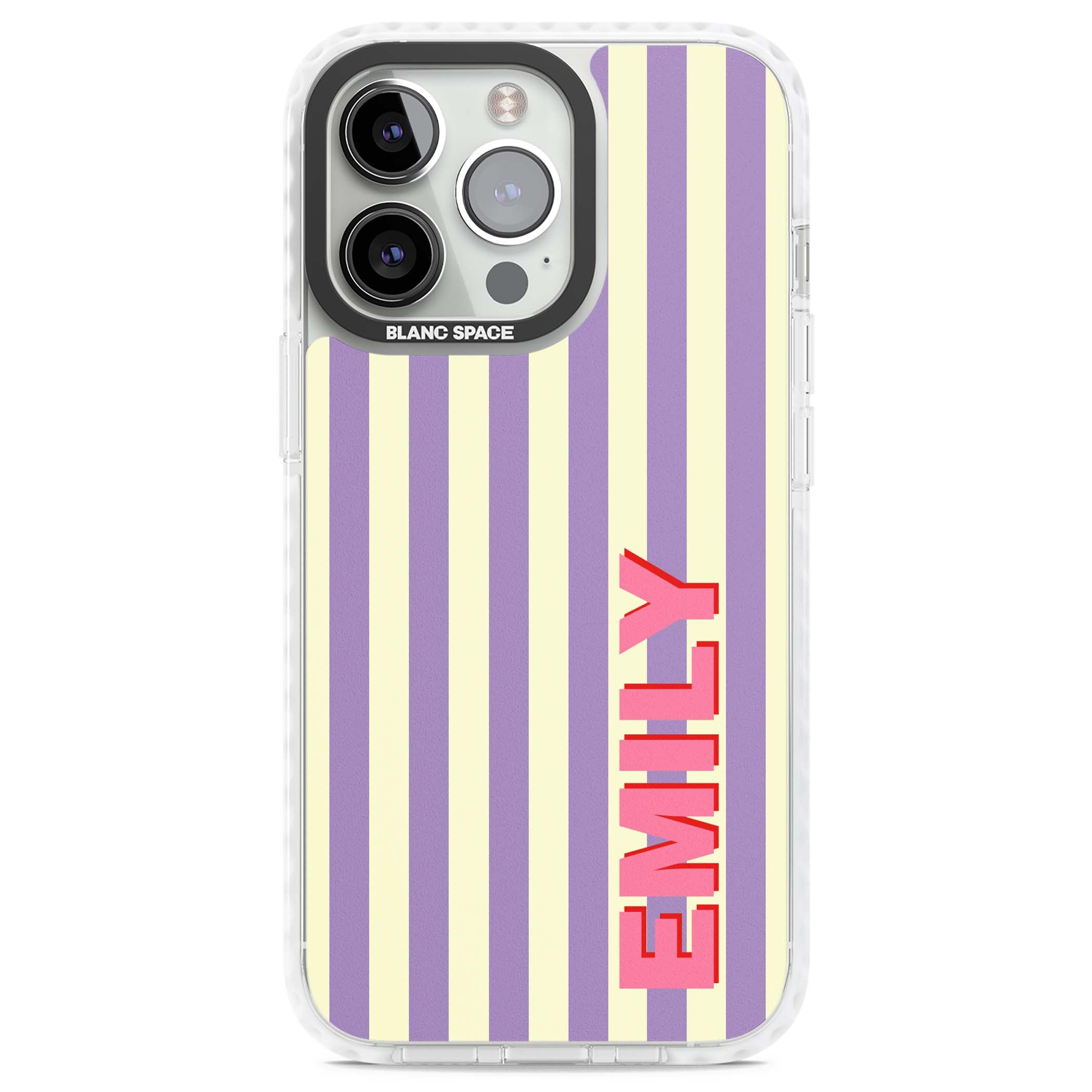 Valensole Stripe personalised iPhone case with purple and cream vertical stripes and pink custom name | Clear Impact case for iPhone 13 Pro, iPhone 14 Pro, iPhone 15 Pro