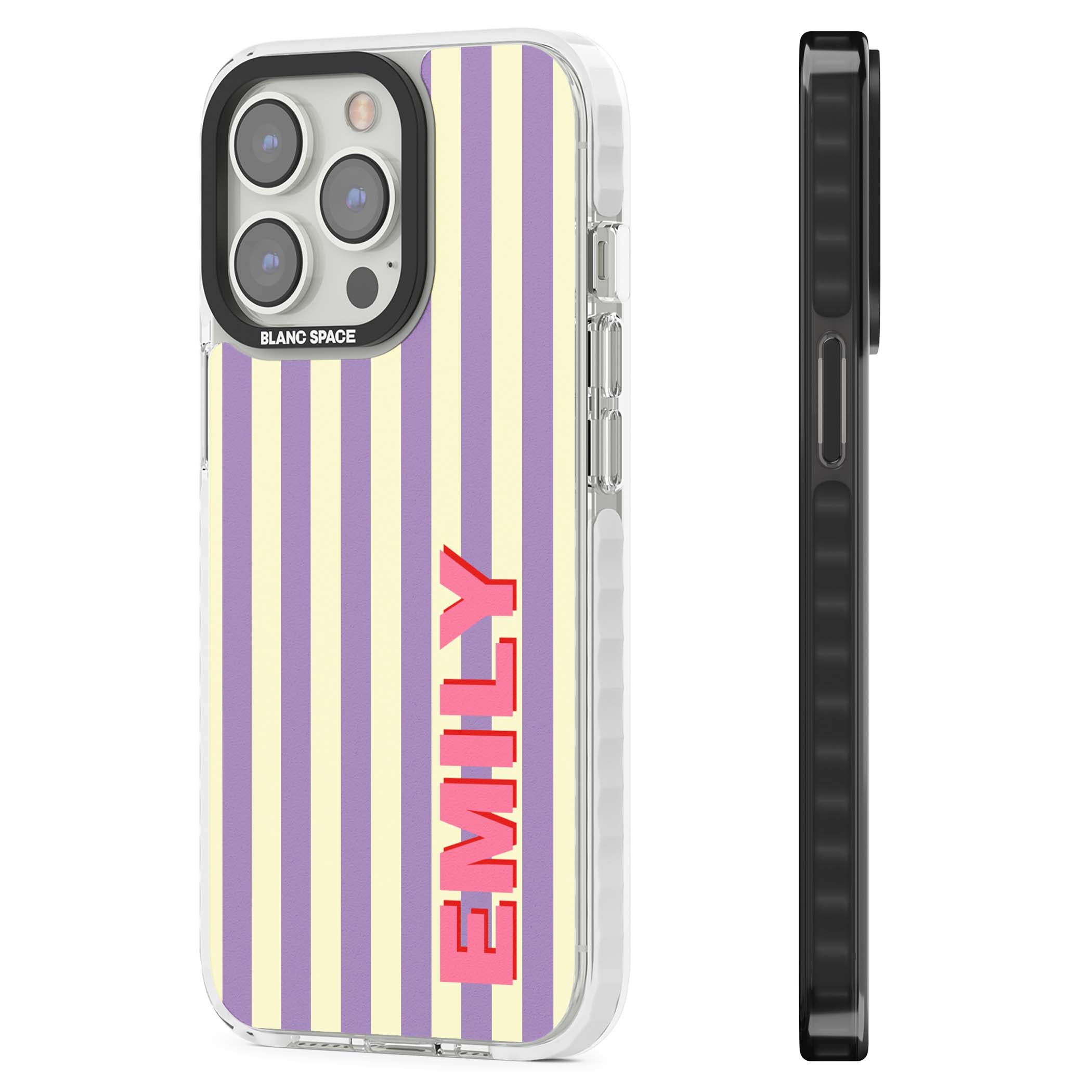 Valensole Stripe personalised iPhone case with purple and cream vertical stripes and pink custom name | Clear Impact case for iPhone 13 Pro, iPhone 14 Pro, iPhone 15 Pro