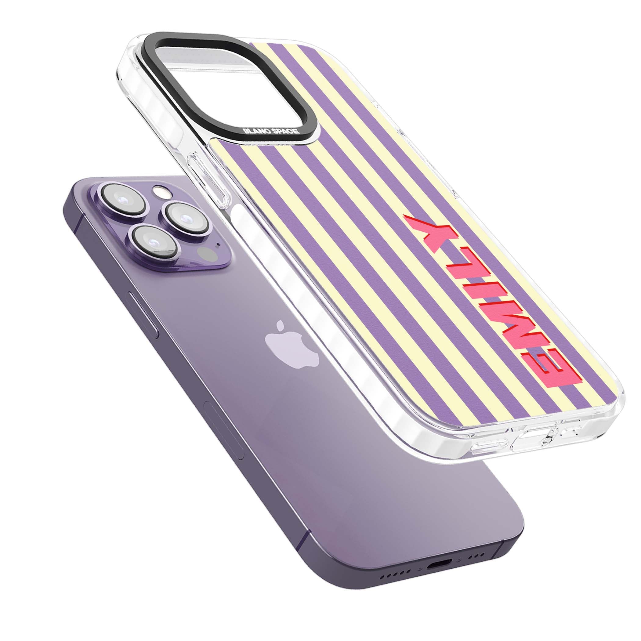 Valensole Stripe personalised iPhone case with purple and cream vertical stripes and pink custom name | Clear Impact case for iPhone 13 Pro, iPhone 14 Pro, iPhone 15 Pro