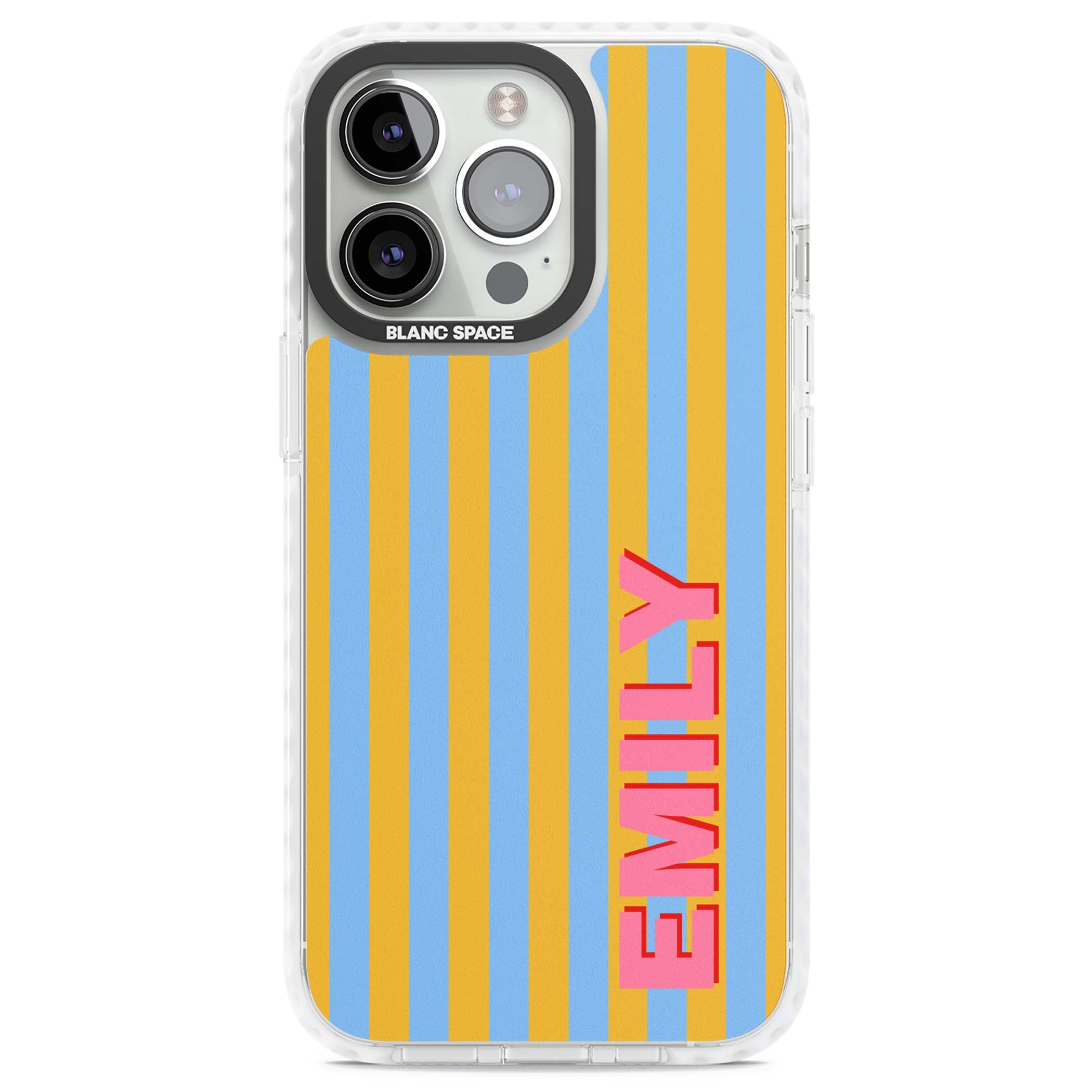 Carribean Stripe personalised coastal iPhone case with yellow and blue vertical stripes and a custom pink name | Clear Impact case for iPhone 13 Pro, iPhone 14 Pro, iPhone 15 Pro