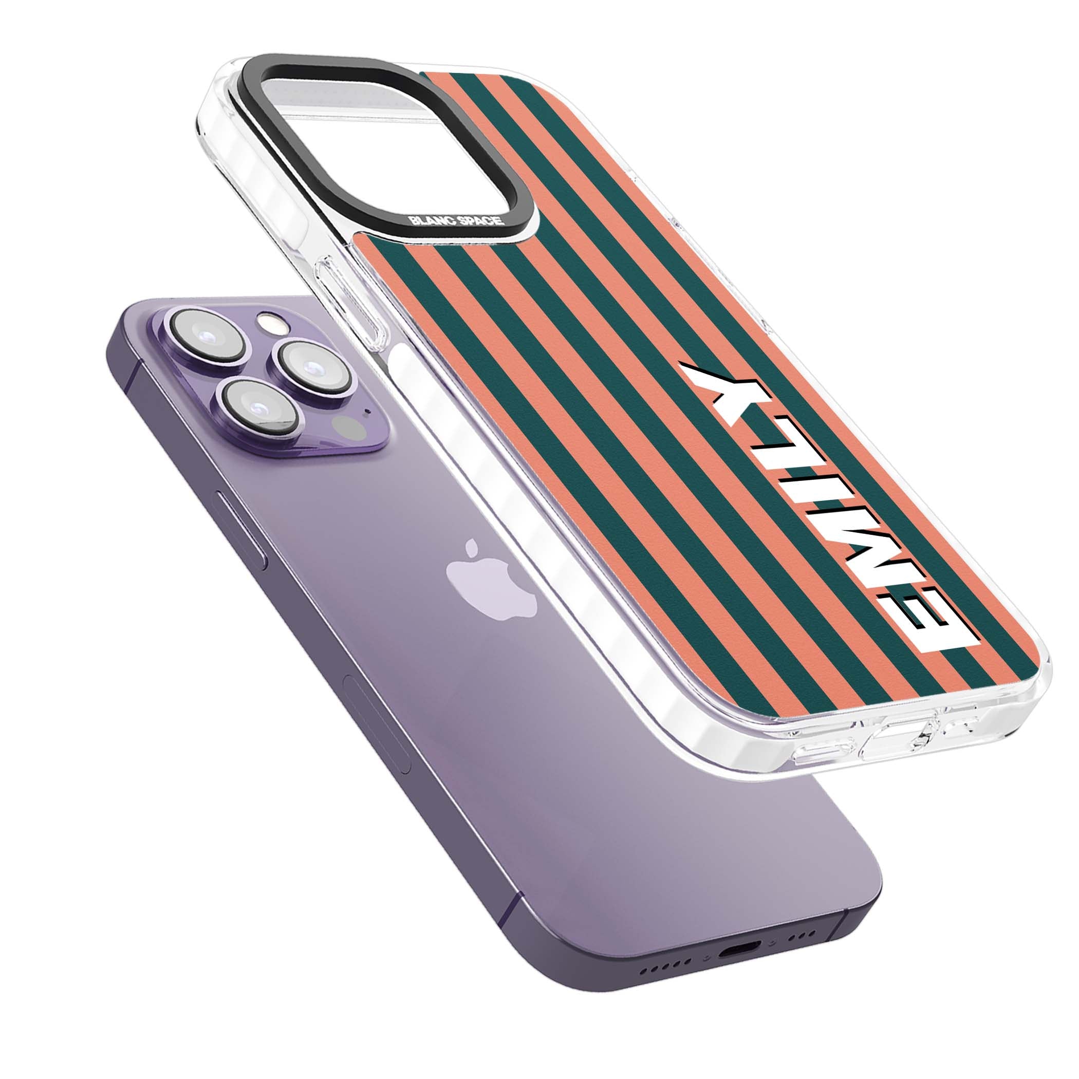 Tuscan Stripe personalised iPhone case featuring coral and green vertical stripes with bold custom name | Clear Impact case for iPhone 13 Pro, iPhone 14 Pro, iPhone 15 Pro