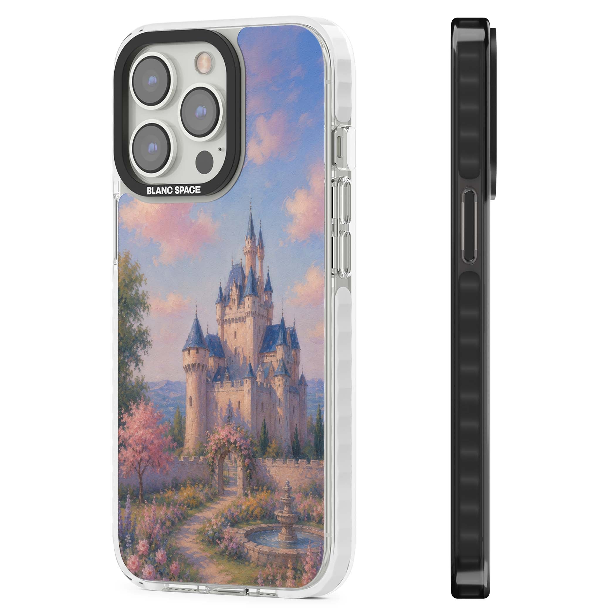Enchanted Kingdom fairytale iPhone case featuring a romantic castle painting with cherry blossoms and pastel pink sky | Clear Impact case for iPhone 13 Pro, iPhone 14 Pro, iPhone 15 Pro