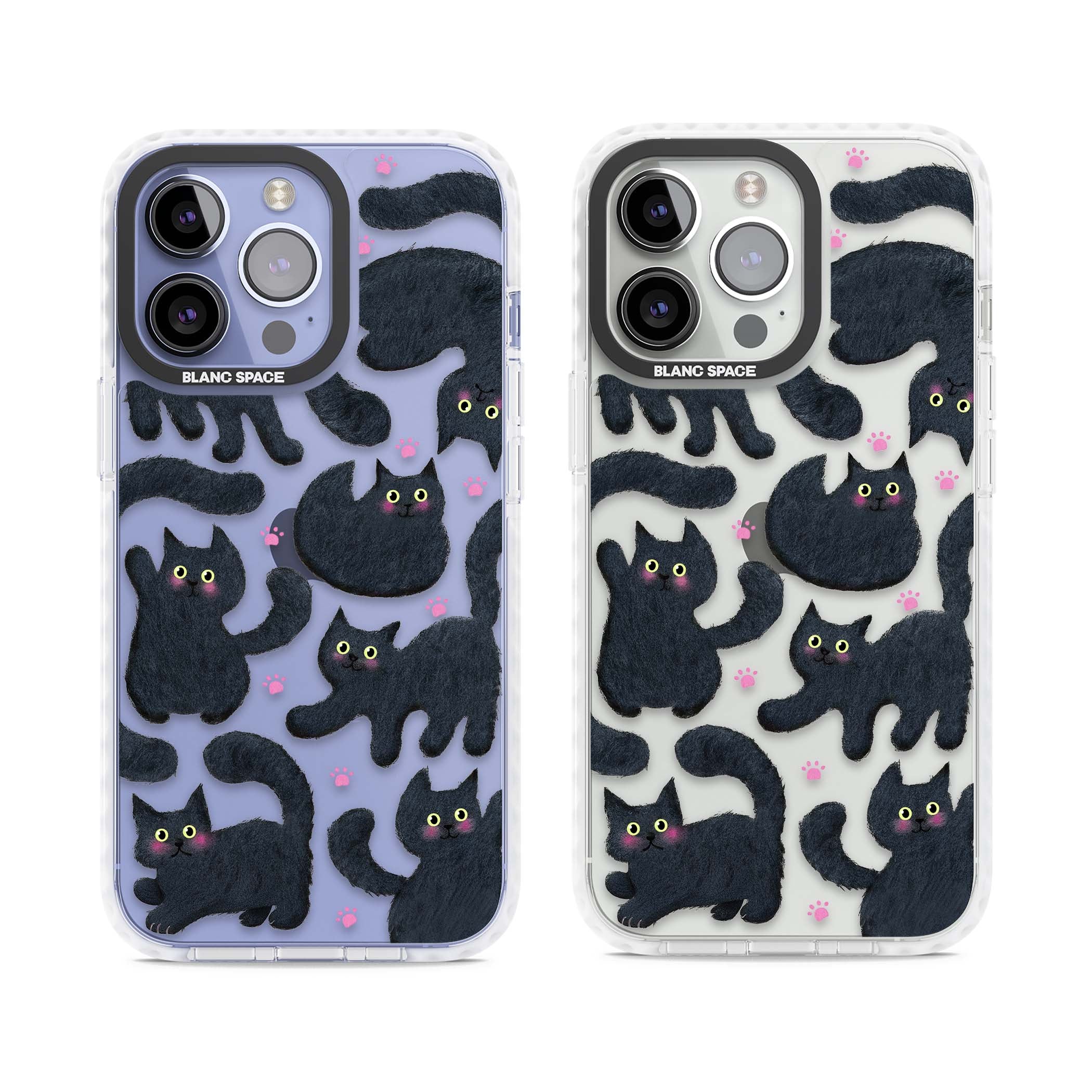 Midnight Cats cute iPhone case featuring black cat pattern with yellow eyes and pink paw prints | Clear Impact case for iPhone 13 Pro, iPhone 14 Pro, iPhone 15 Pro