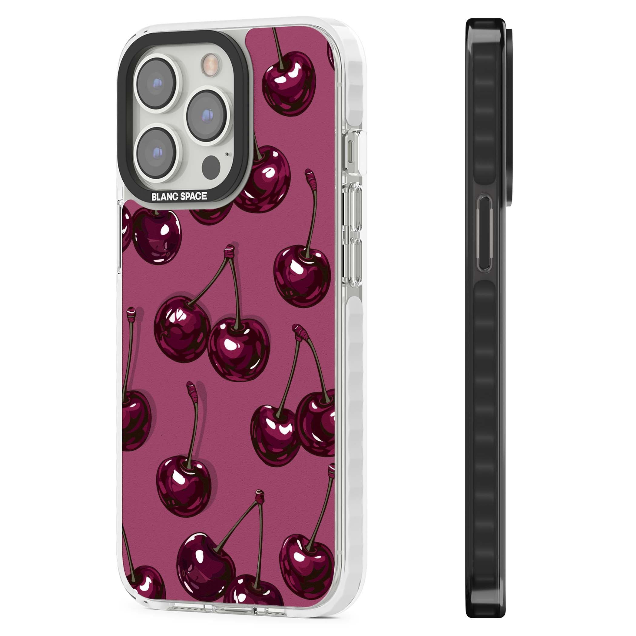 Cherry Soda coquette iPhone case featuring glossy burgundy cherries on a dusty pink background | Clear Impact case for iPhone 13 Pro, iPhone 14 Pro, iPhone 15 Pro