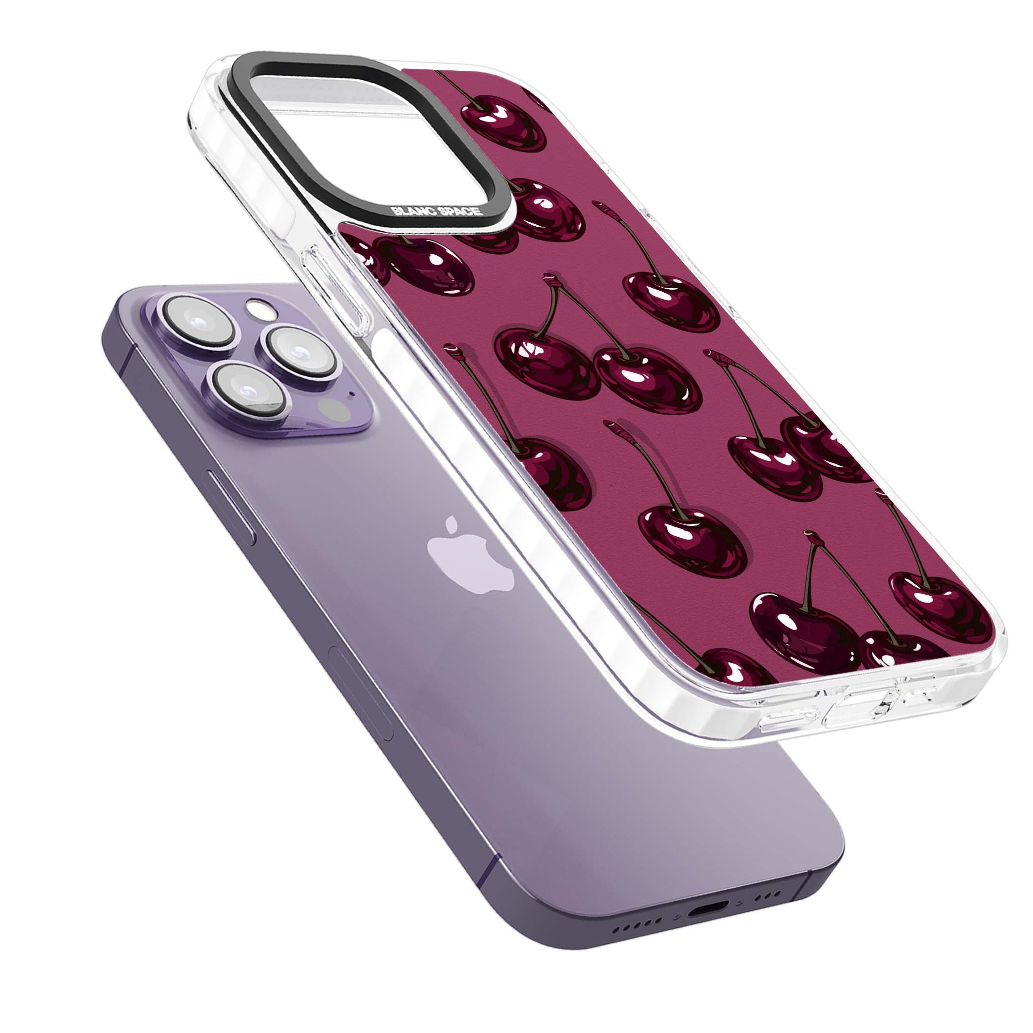 Cherry Soda coquette iPhone case featuring glossy burgundy cherries on a dusty pink background | Clear Impact case for iPhone 13 Pro, iPhone 14 Pro, iPhone 15 Pro