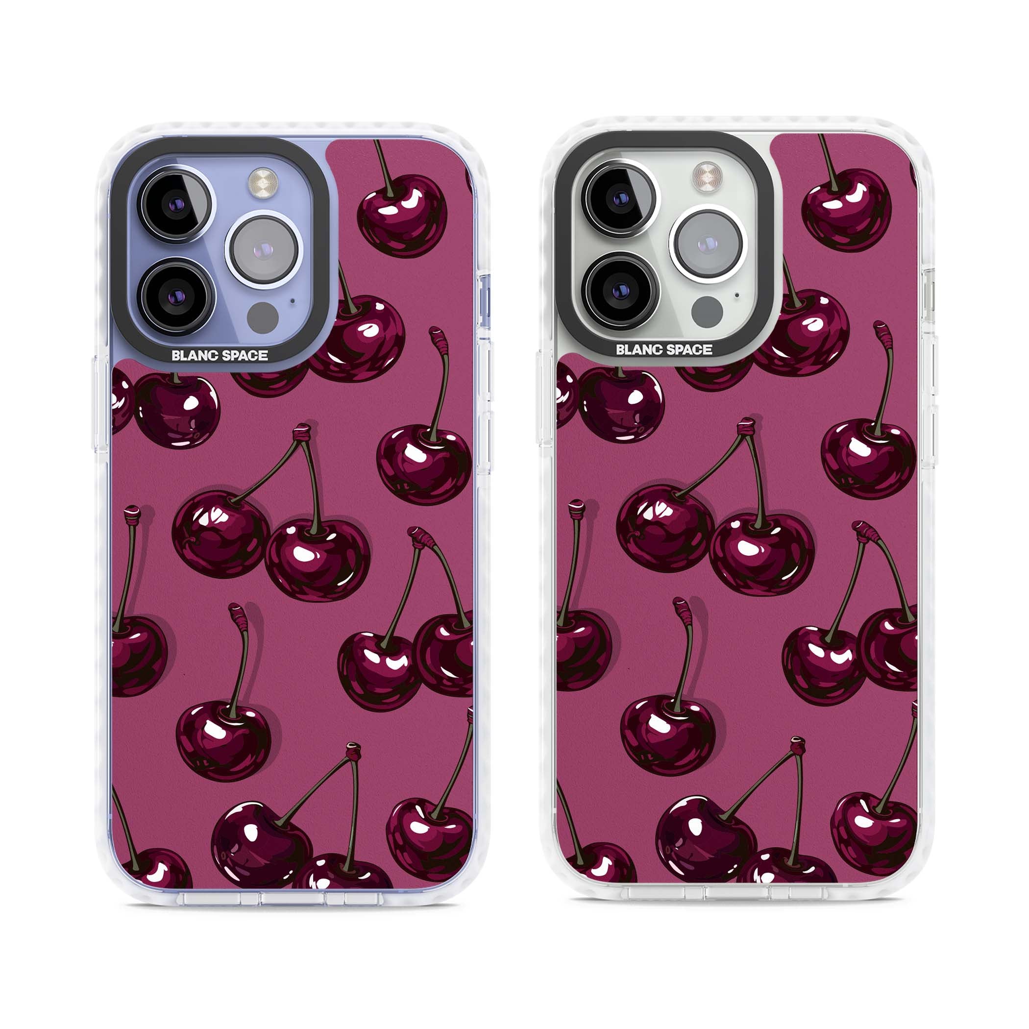 Cherry Soda coquette iPhone case featuring glossy burgundy cherries on a dusty pink background | Clear Impact case for iPhone 13 Pro, iPhone 14 Pro, iPhone 15 Pro