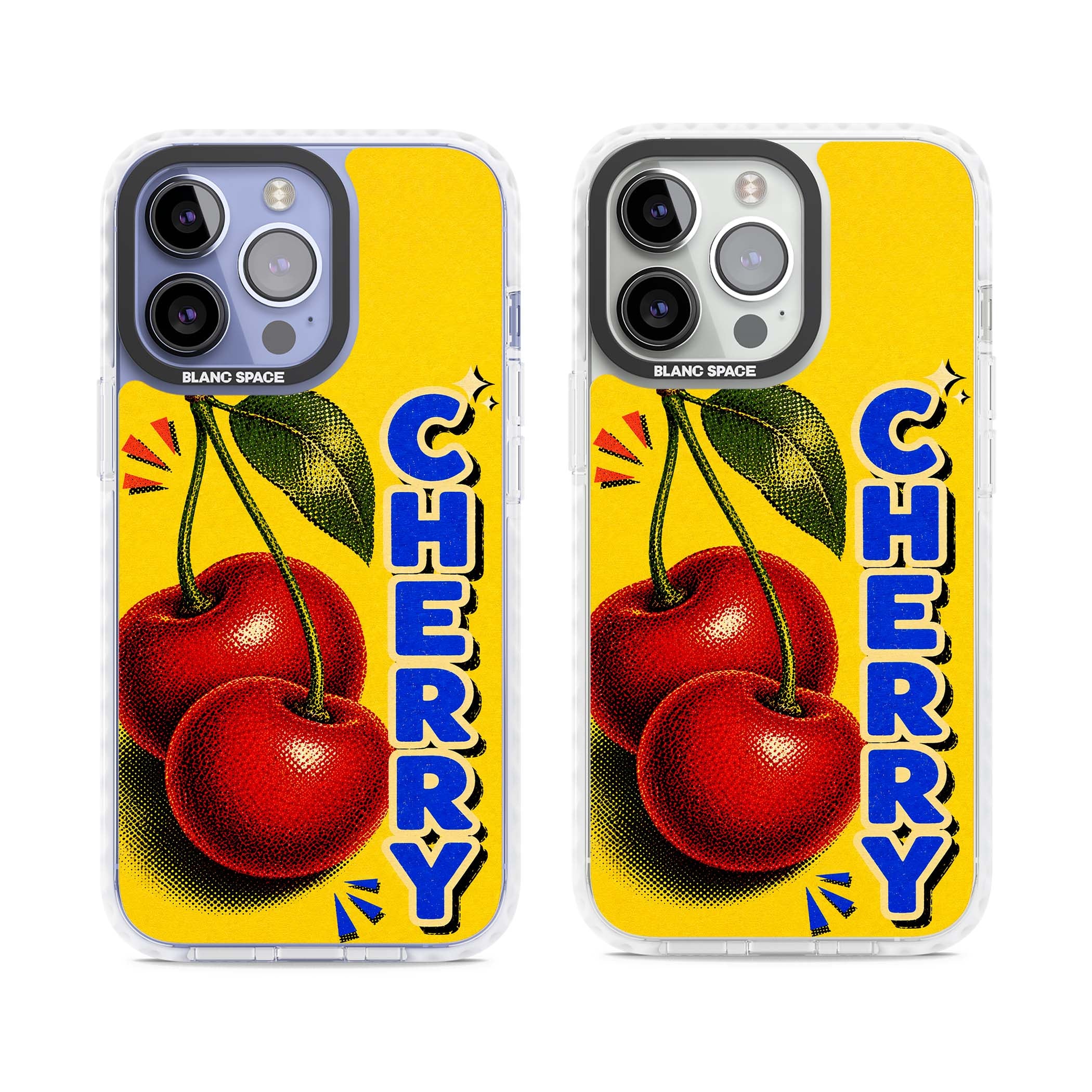 Cherry Yellow y2k iPhone case featuring two red cherries, halftone shading and bold blue CHERRY lettering on yellow | Clear Impact case for iPhone 13 Pro, iPhone 14 Pro, iPhone 15 Pro