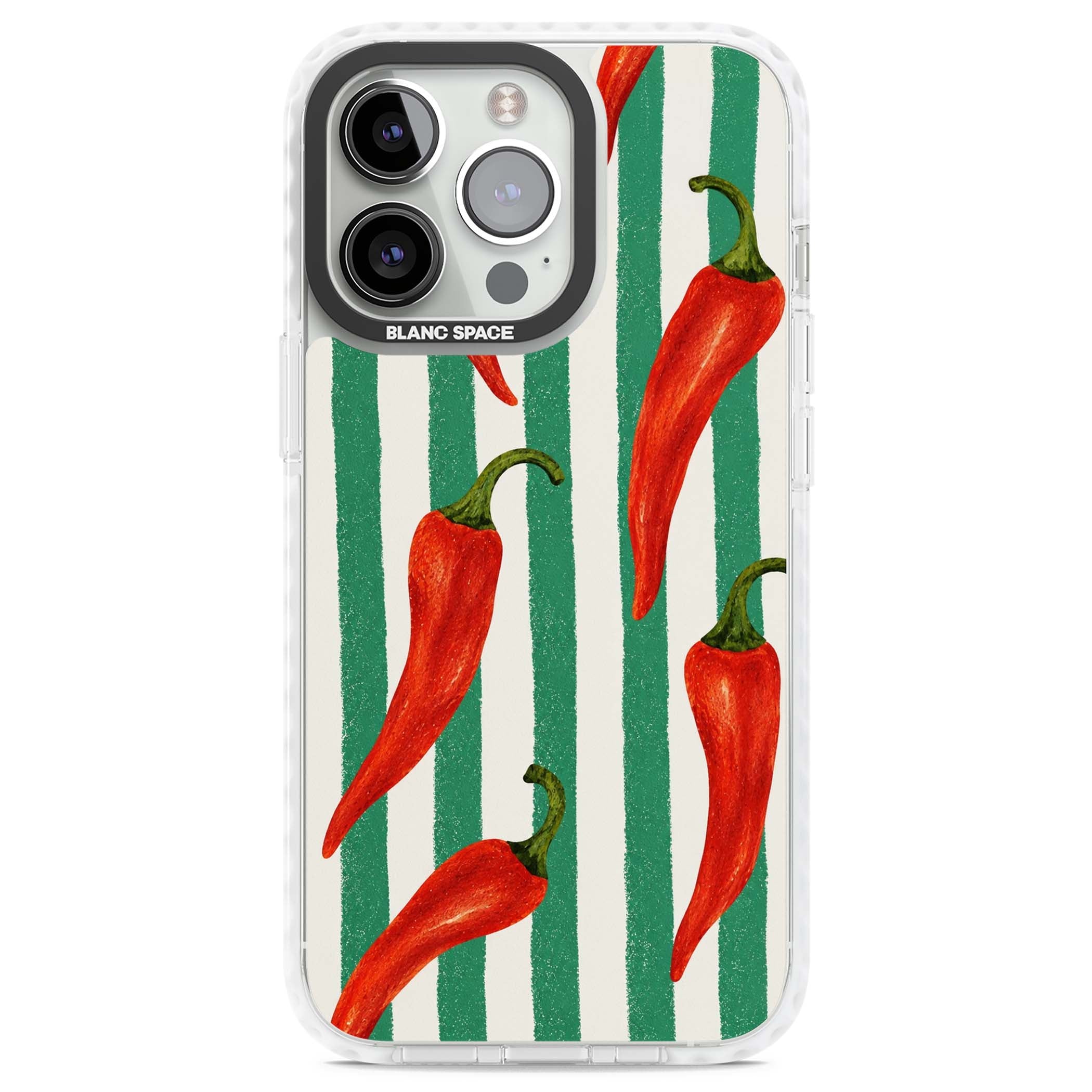 Striped Chillis coastal iPhone case featuring hand-painted red chili peppers on green and cream stripes | Clear Impact case for iPhone 13 Pro, iPhone 14 Pro, iPhone 15 Pro