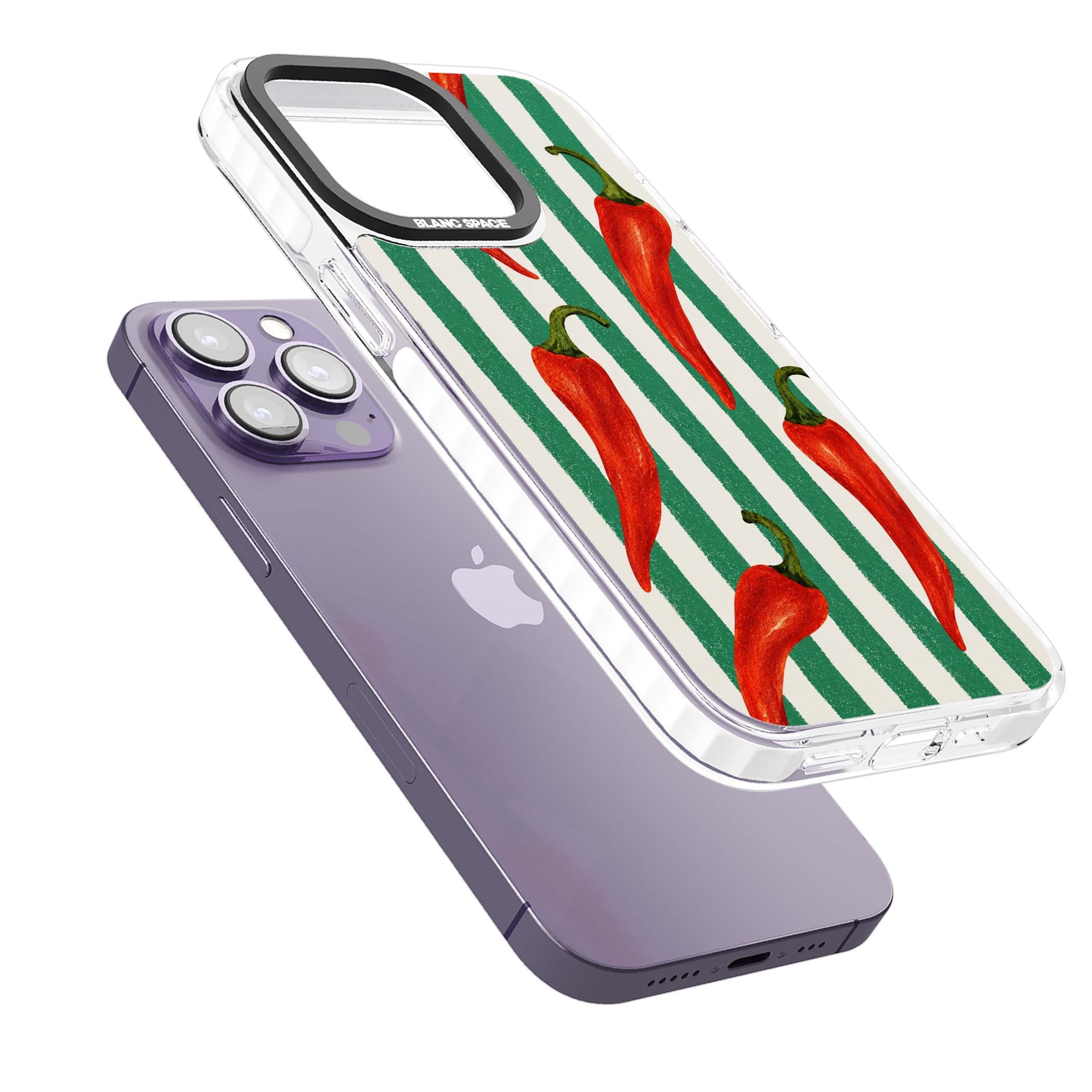 Striped Chillis coastal iPhone case featuring hand-painted red chili peppers on green and cream stripes | Clear Impact case for iPhone 13 Pro, iPhone 14 Pro, iPhone 15 Pro