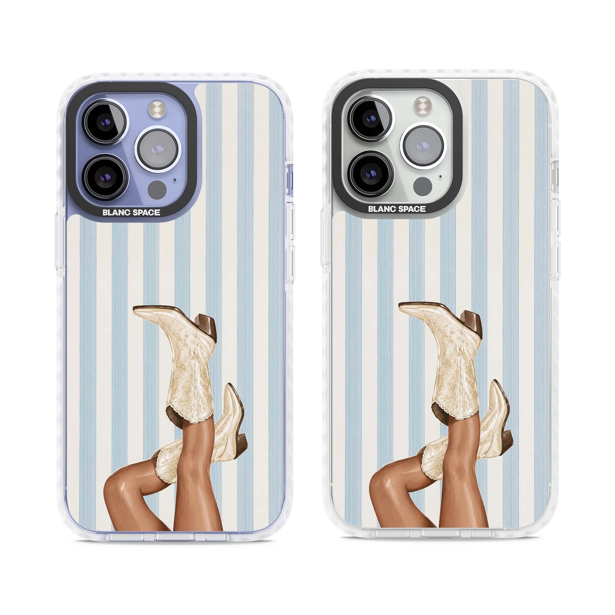 Cowgirl Boots coastal cowgirl iPhone case featuring embroidered western boots, tanned legs and a blue stripe backdrop | Clear Impact case for iPhone 13 Pro, iPhone 14 Pro, iPhone 15 Pro